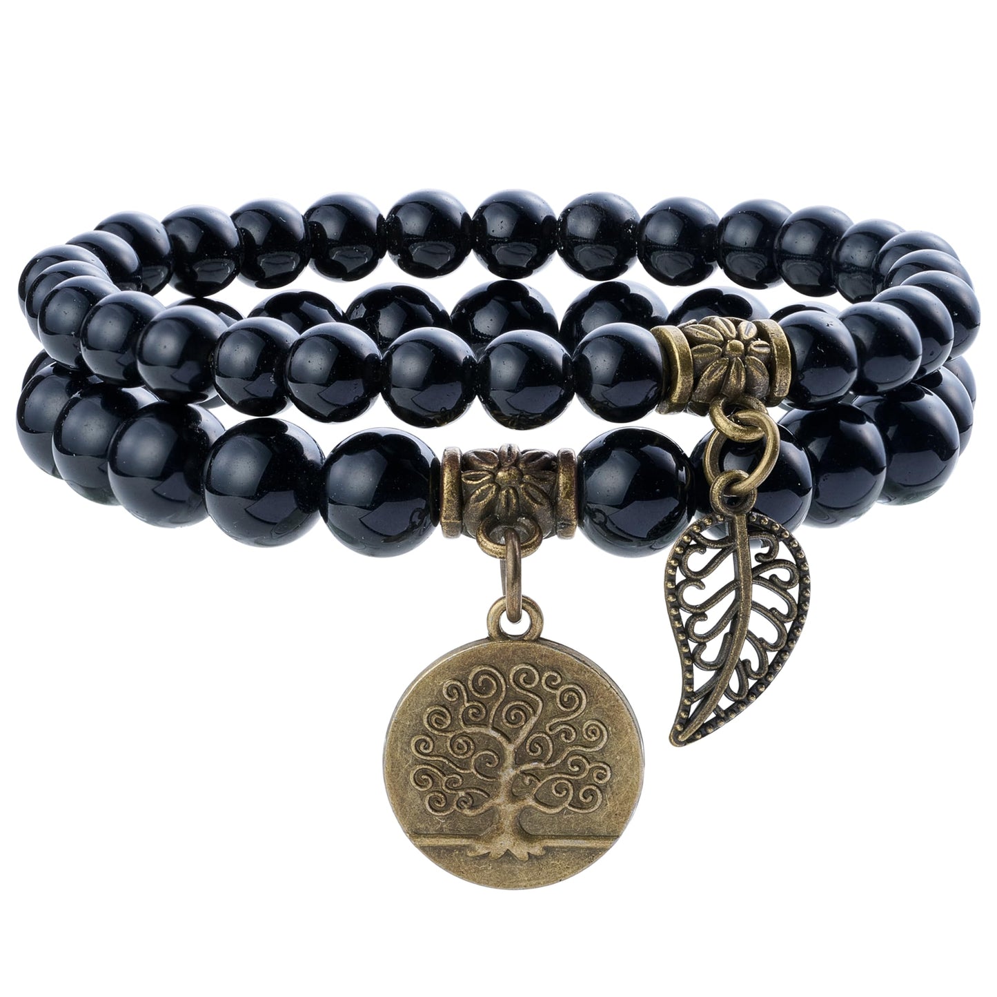 Bivei Natural Semi Precious Gemstone Beads Bracelet for Women - Life Tree and Leaf Charm Chakra Energy Anxiety Stretch Bracelets(Black Obsidian Bracelet Set)