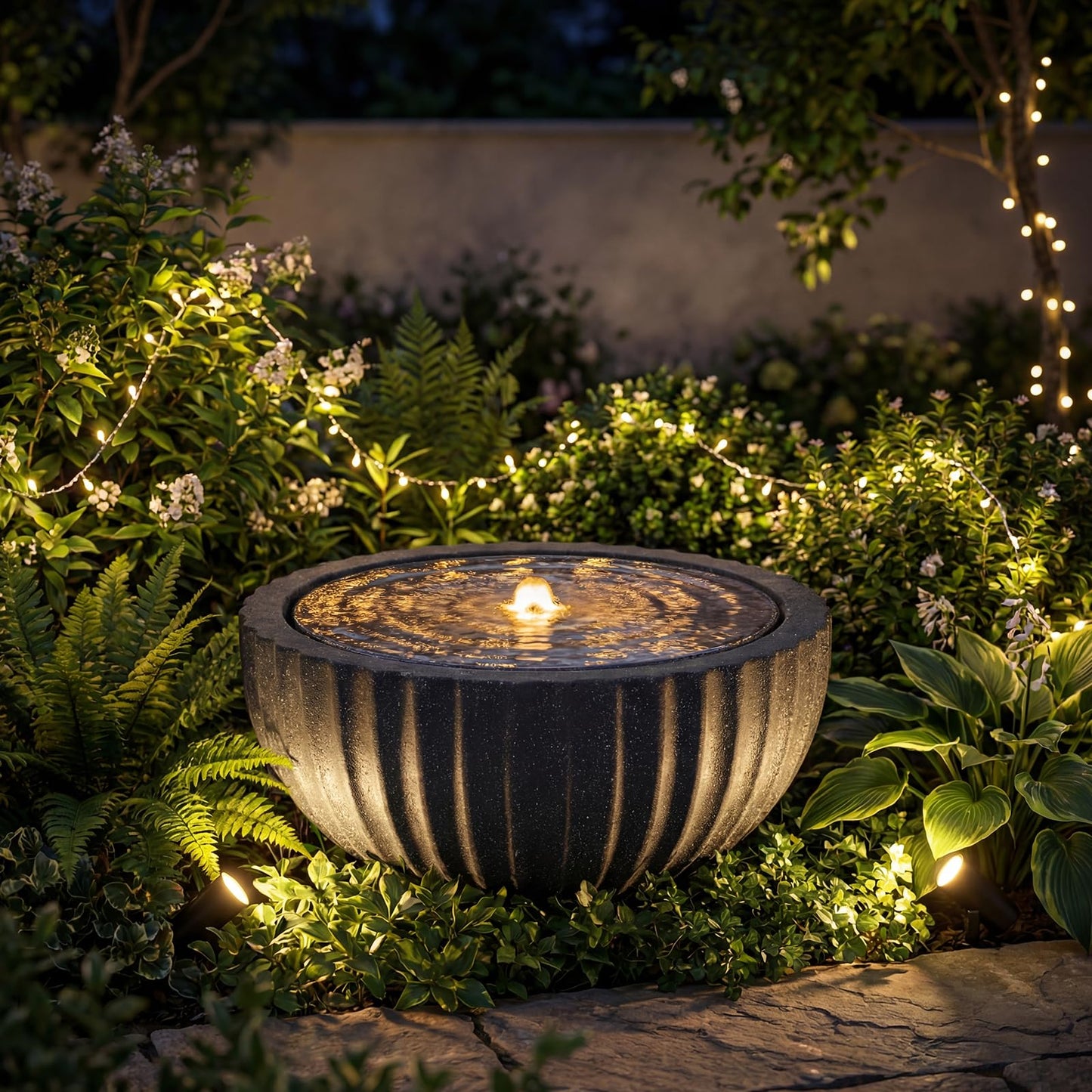 Giantex 18" Round Outdoor Water Fountain with 6 LED Lights, Stone Gray Resin Sphere Waterfall Feature with Adjustable Pump, Lighted Bubbling Fountain for Garden Patio Porch Decor (18" Dia. x 9.5" H)