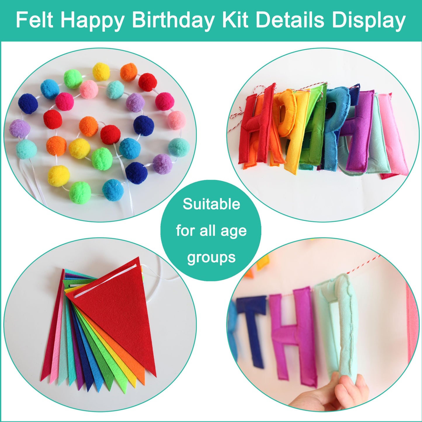 6.3 Inch Large Felt Happy Birthday Banner - Pre-Strung Rainbow Fabric Garland, Reusable Happy Birthday Sign for All Ages Party Decorations (Rainbow)