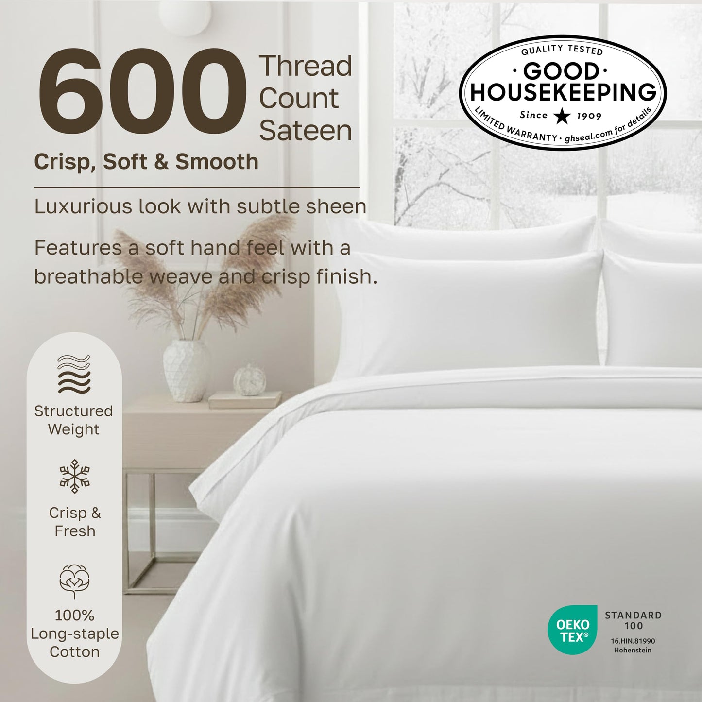California Design Den Full Size Bed Sheets Set - Luxury 600 Thread Count 100% Cotton Sateen, Deep Pockets with All Around Elastic for a Snug Fit, Durable Bedding Set - White