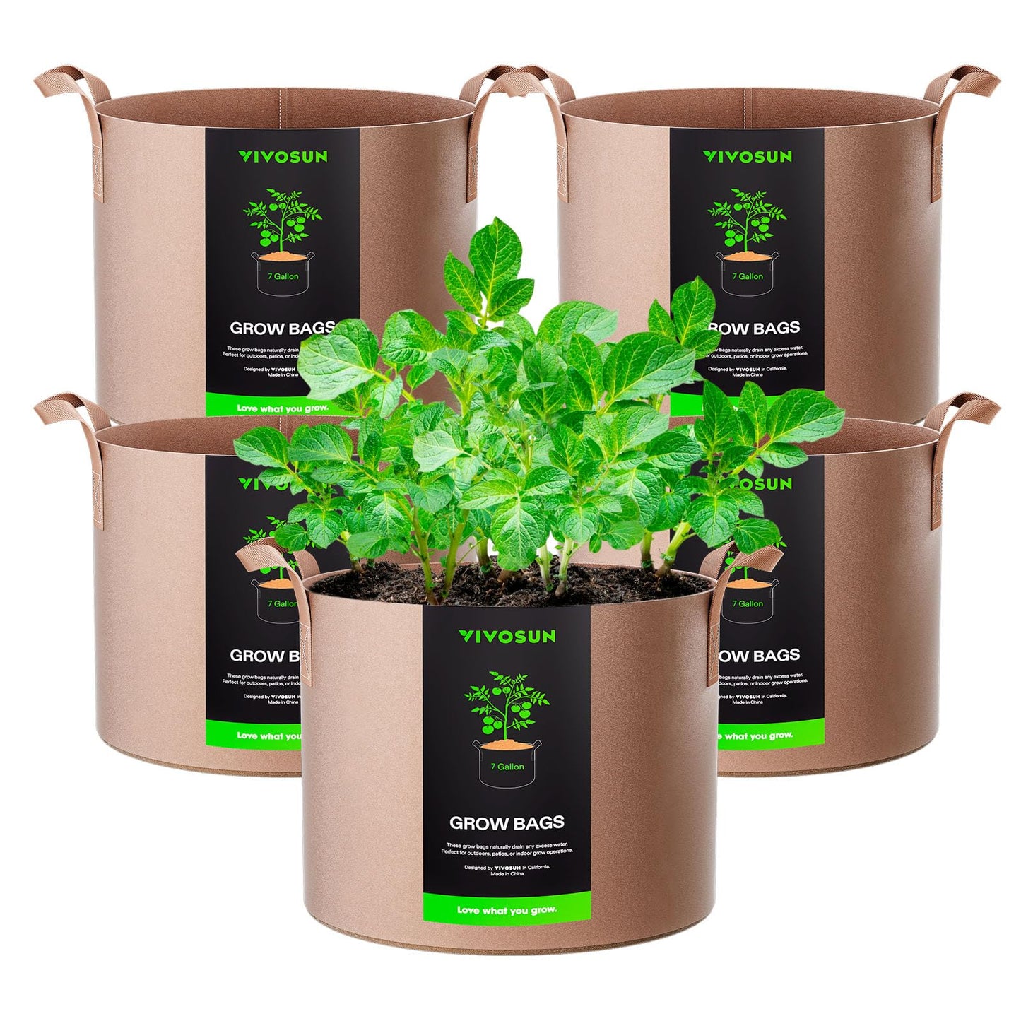 VIVOSUN 5-Pack 7 Gallons Grow Bags Heavy Duty Thickened Nonwoven Fabric Pots with Strap Handles Tan