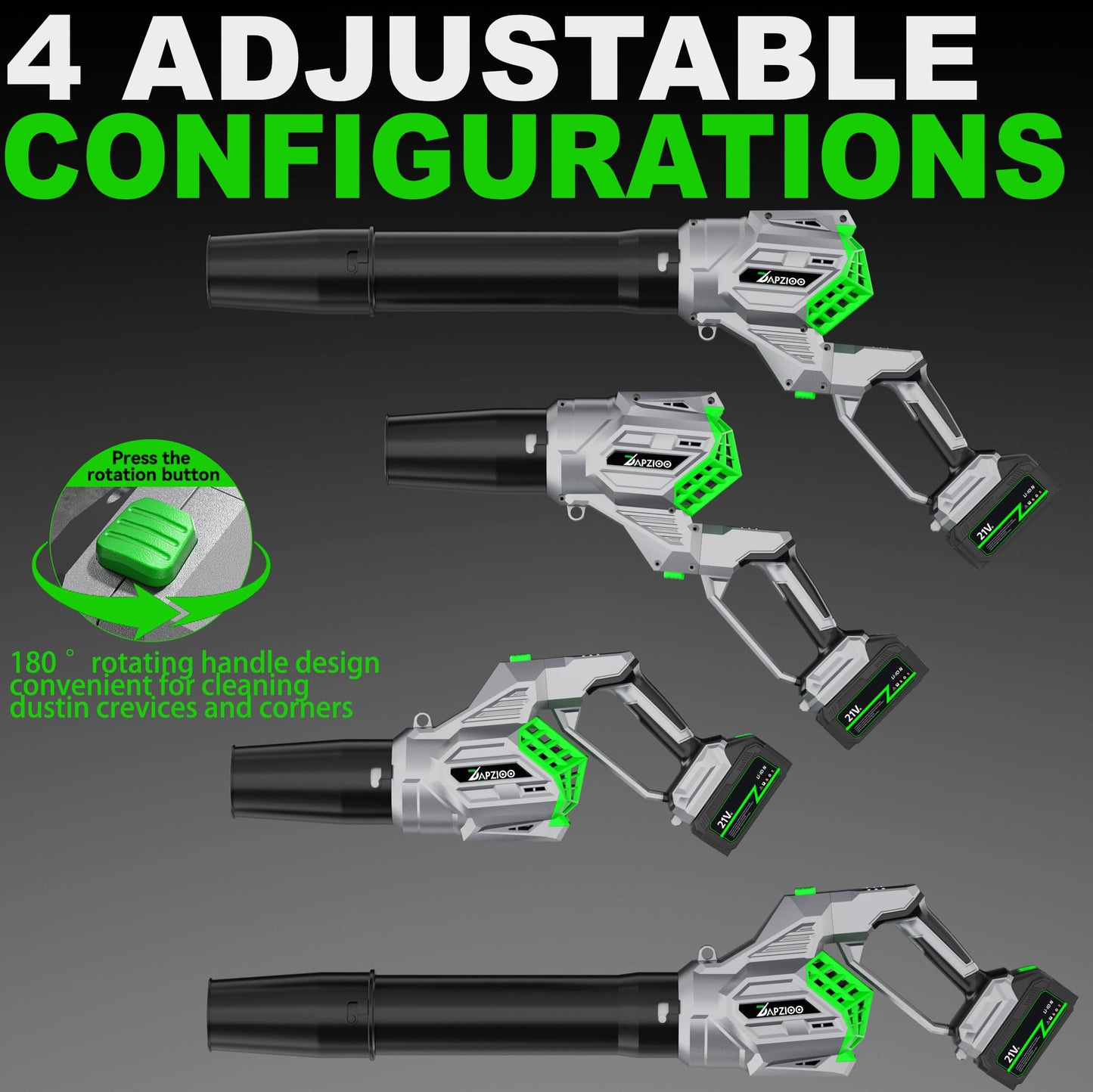 DAPZIOO Leaf Blower Cordless, 950,000 RPM,Turbo Fan 810CFM,4-Speed Mode Portable Lightweight Grass Blower with Battery and Charger,180° Rotatable 2-in-1 Handheld Blower,Lawn Care/Yard/Car/Patio