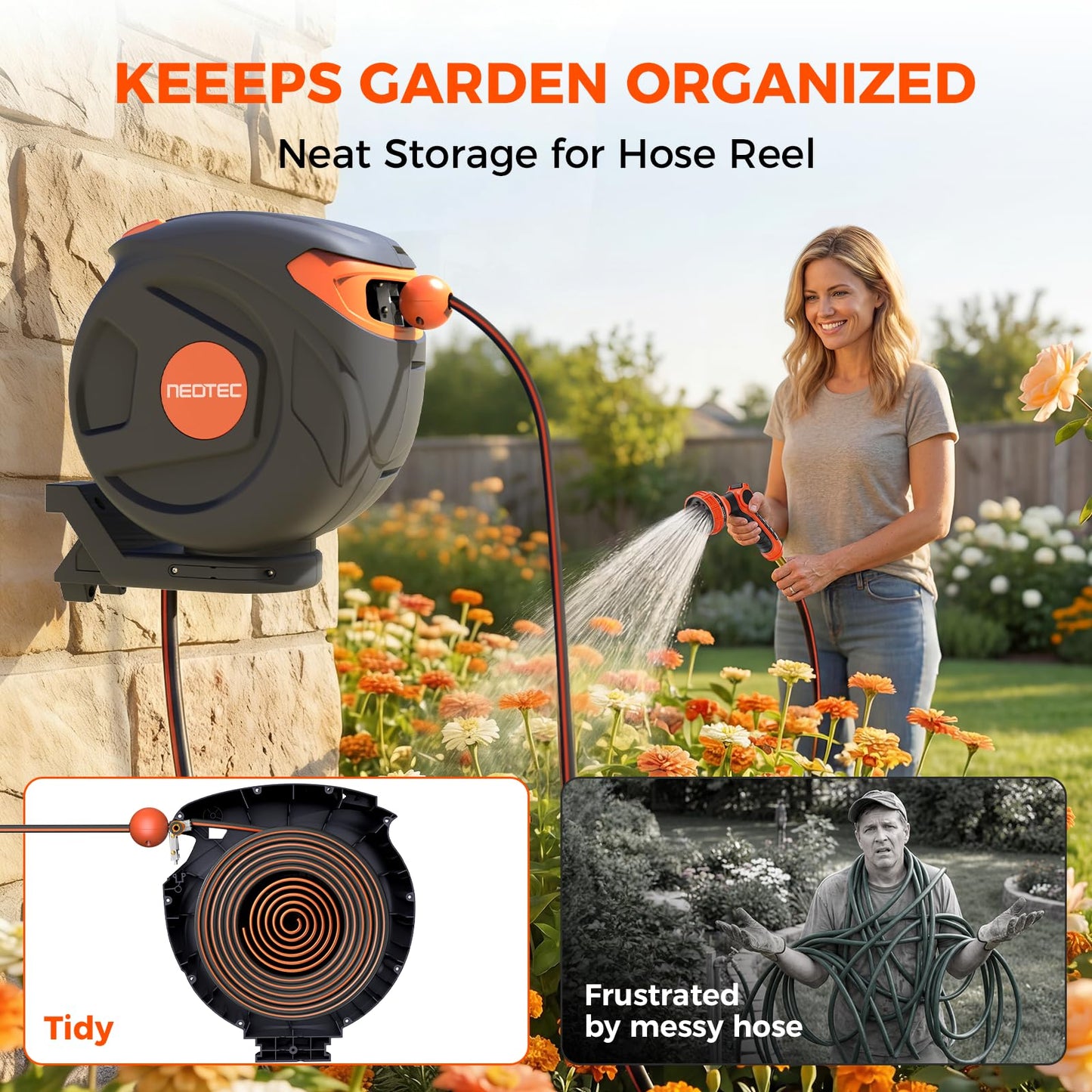 New Retractable Garden Hose Reel 1/2 inch x 85 ft 9 Pattern Nozzle Wall-Mounted Any Length Lock Automatic Slow Return 180° Swivel UV Resistant Heavy Duty Hose Reels for Outside