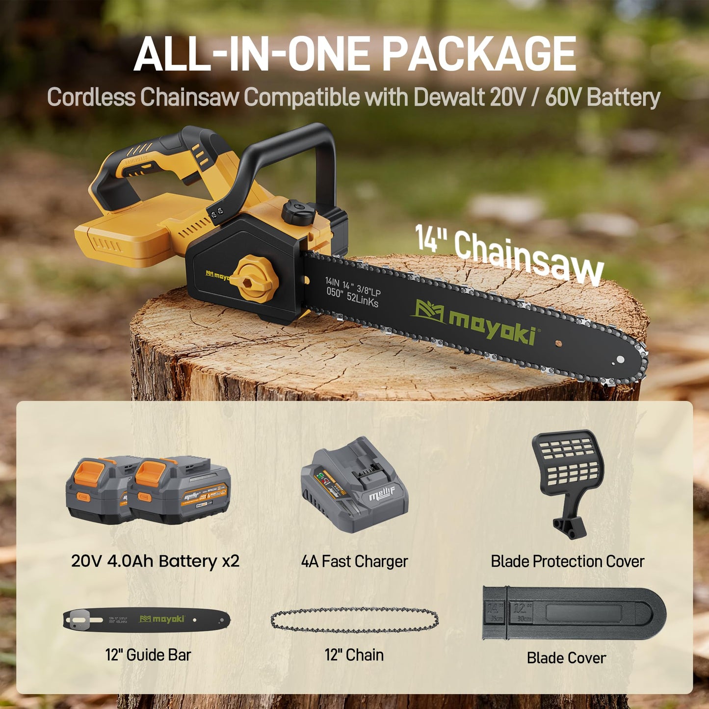 Cordless 40V 14" Chainsaw Compatible with Dewalt 20v MAX Battery, w/ (2) 4.0ah Battery, Electric Handheld Power Chain Saw w/ 1700W Brushless Motor, 40 Ft/s, Auto Oiler for Tree Wood Cutting Trimming