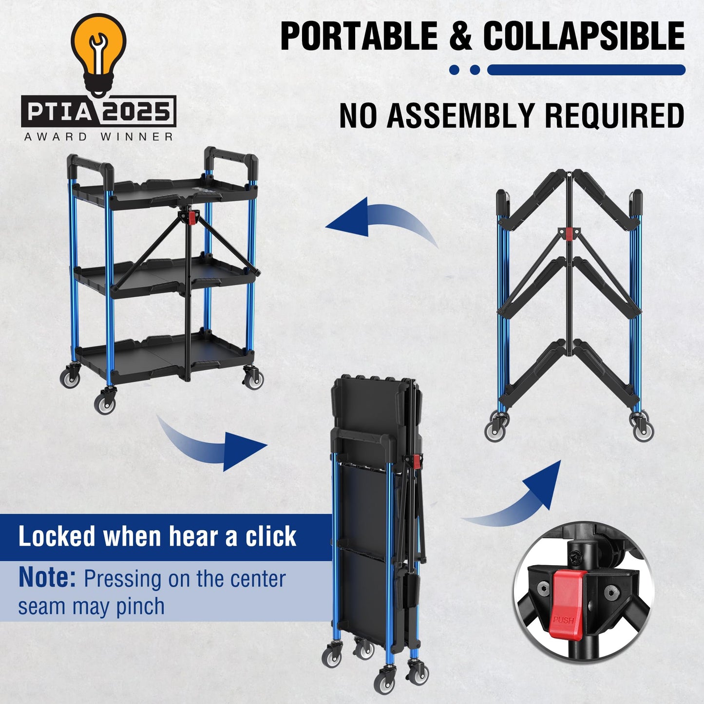 WORKPRO 3-Tier Collapsible Service Cart, 210 LBS Foldable Utility Service Cart with Wheels, Portable Tool Cart for Garage, Warehouse, Home, Restaurant, Office (No Assembly Required)