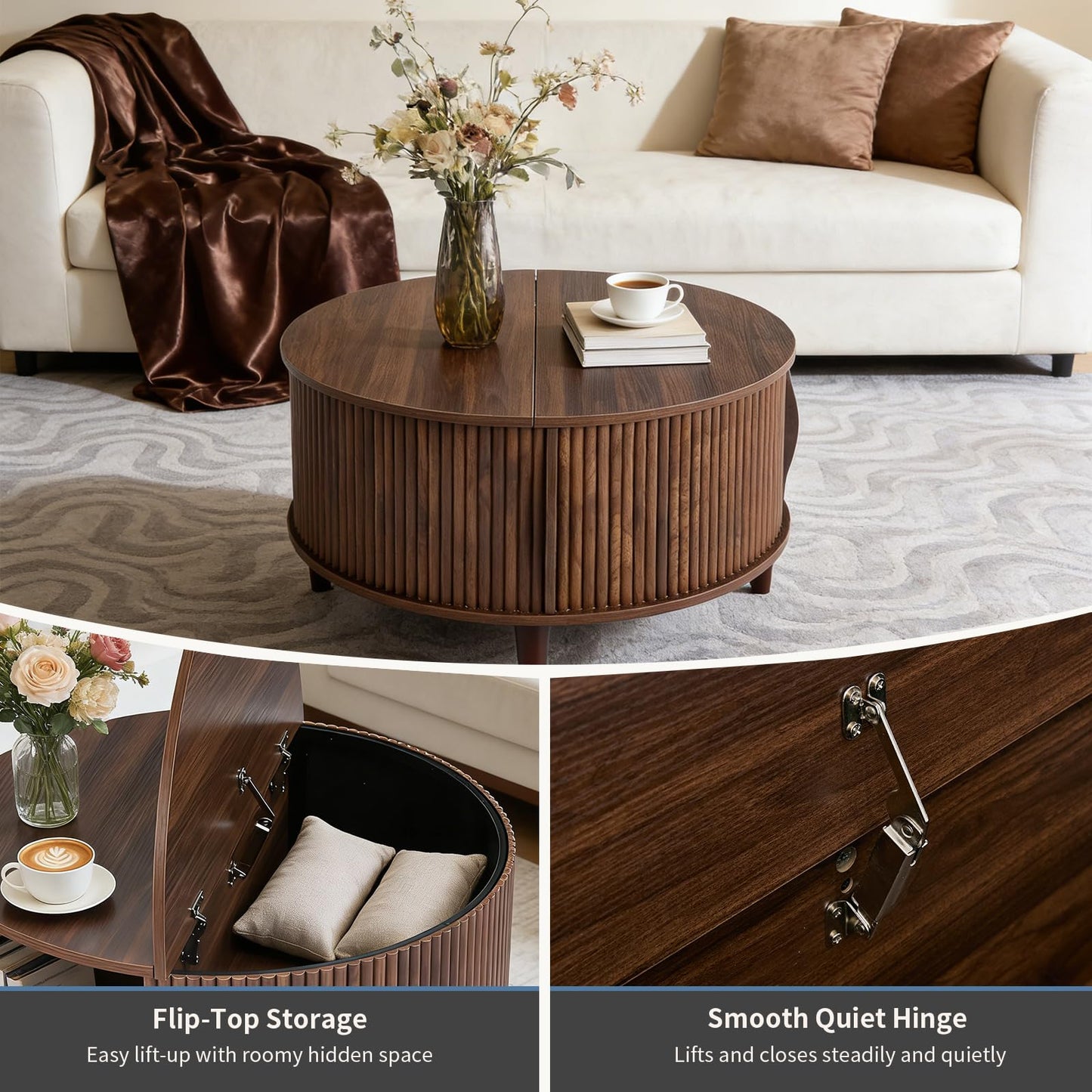 DUMOS Coffee Table, Round Coffee Tables with Storage, Fluted Center Table for Living Room, 31.69" Mid Century Modern Table with Sliding Cabinet Door, 2-Tier Rustic Wood Desktop, Brown