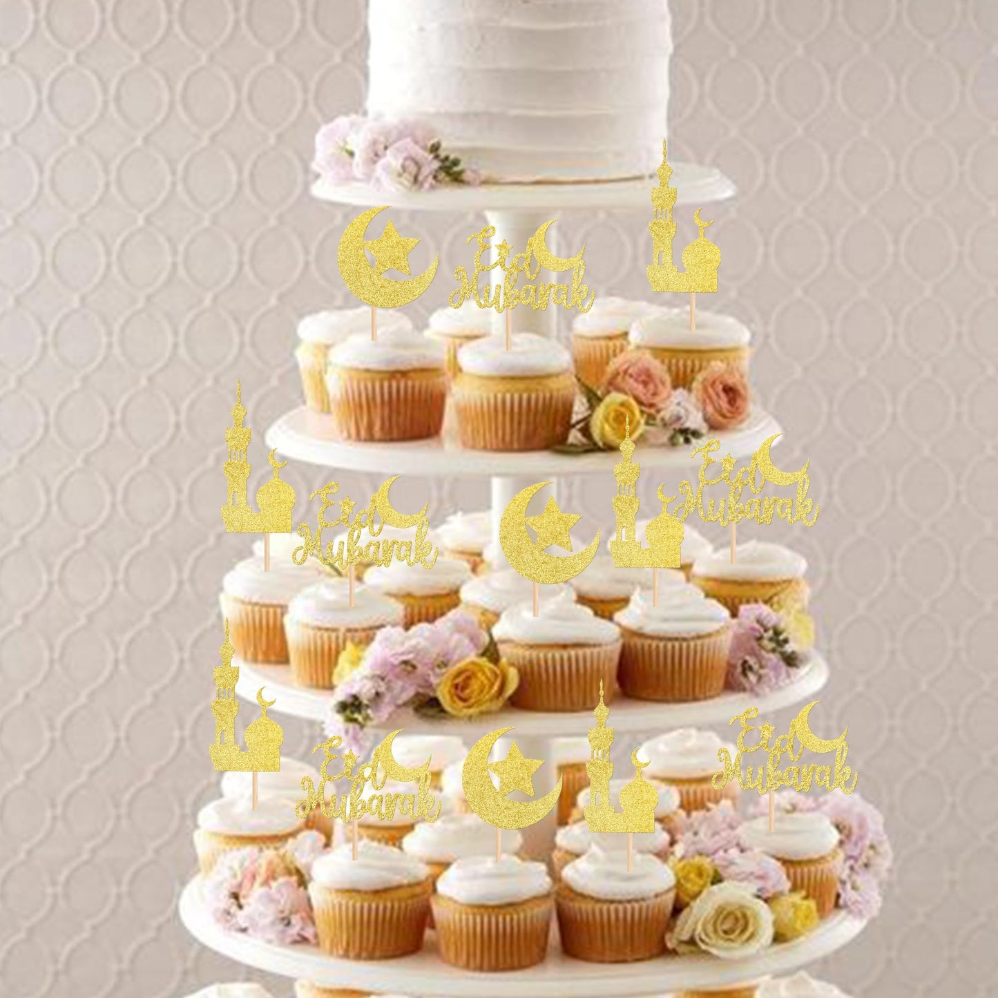 24 PCS Eid Mubarak Cupcake Toppers Gold Glitter Moon Star Ramadan Kareem Cupcake Picks for Eid Islamic Muslim Theme Party Cake Decorations Supplies