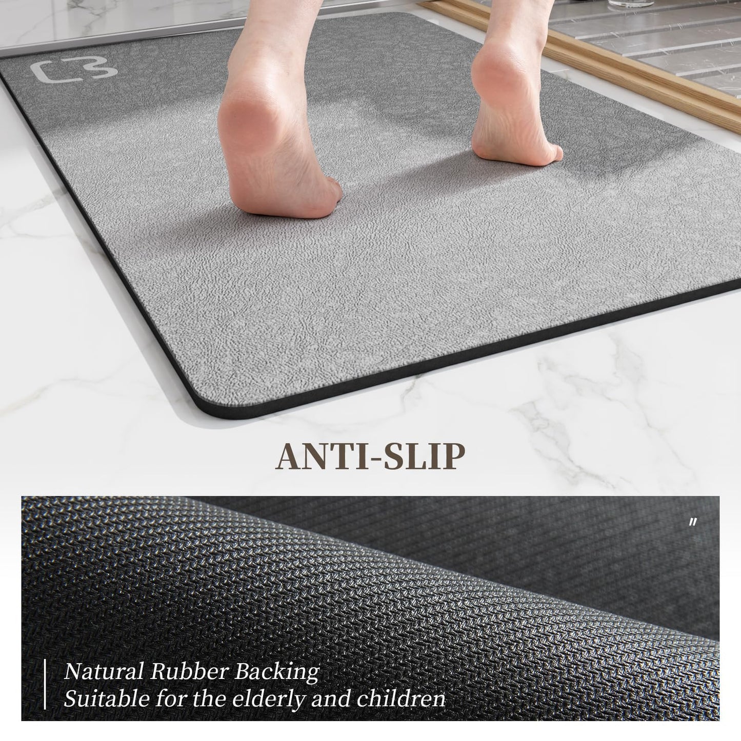Bathroom Runner Mat Rugs Long Diatomite Stone Bath Mat Large Super Absorbent Diatomaceous Earth Bath Mat Non Slip Rubber Backed Fast Dry Shower Mat Thin Bathroom Rugs Floor Mat,15.7"x47.2",Grey