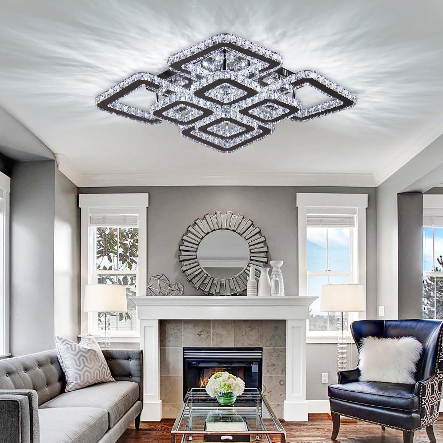 FRIXCHUR 20”Crystal Chandelier Square Led Crystal Flush Mount Ceiling Light 8 Lights Modern Crystal Ceiling Pendant Light Led Crystal Chandelier for Living Room Bedroom Cool White 6500K