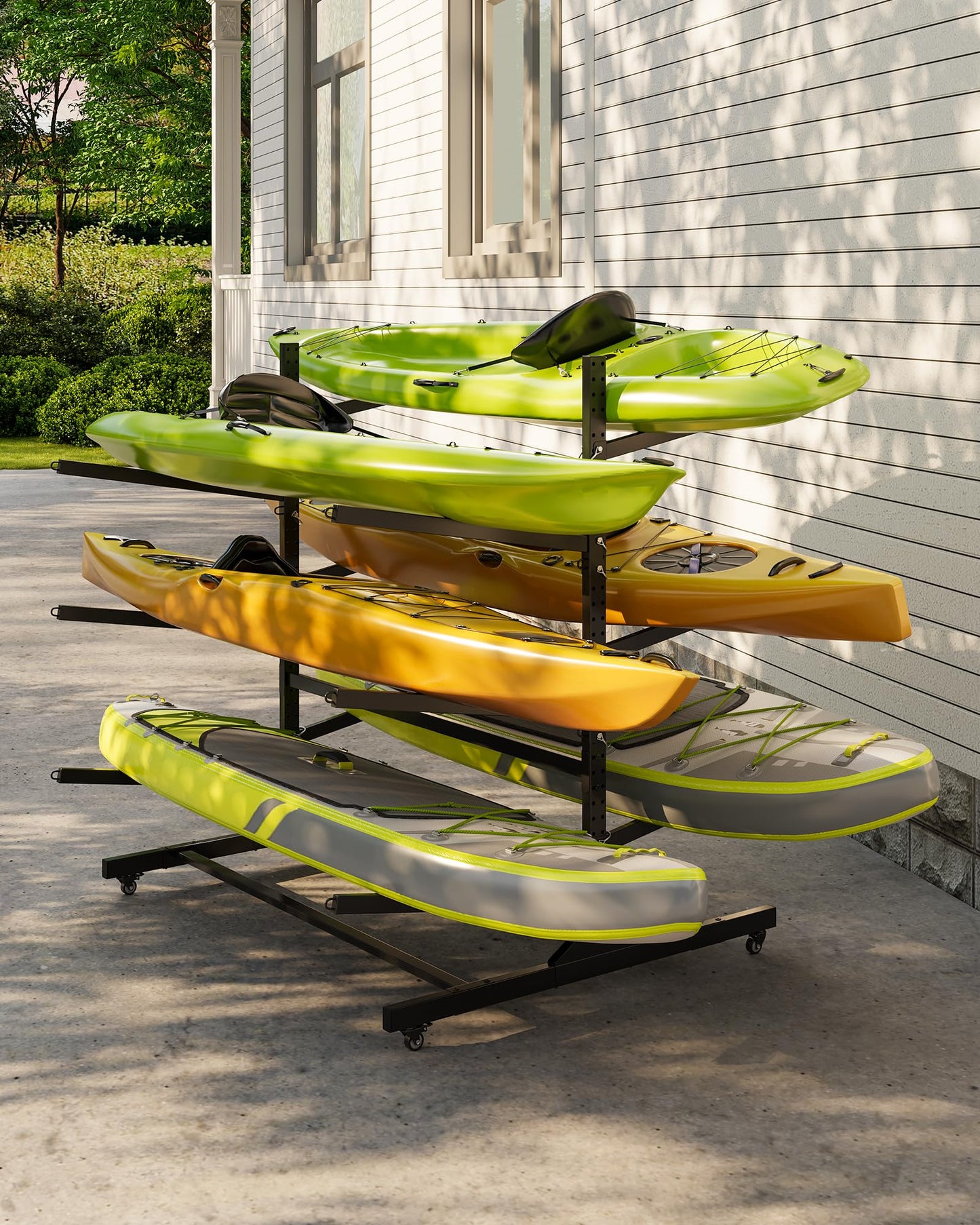 GarveeLife Kayak Storage Rack for 6 Kayaks Freestanding Kayak Rack for Outdoor Storage with Movable Wheels, Heavy-Duty Steel Kayak Hanger Holder with Hanging Straps