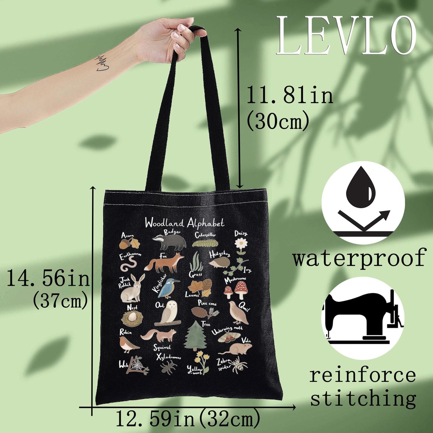 LEVLO Animal Alphabet Canvas Tote Bag - Woodland Themed Gift A-Z Grocery Bag (Black Tote)