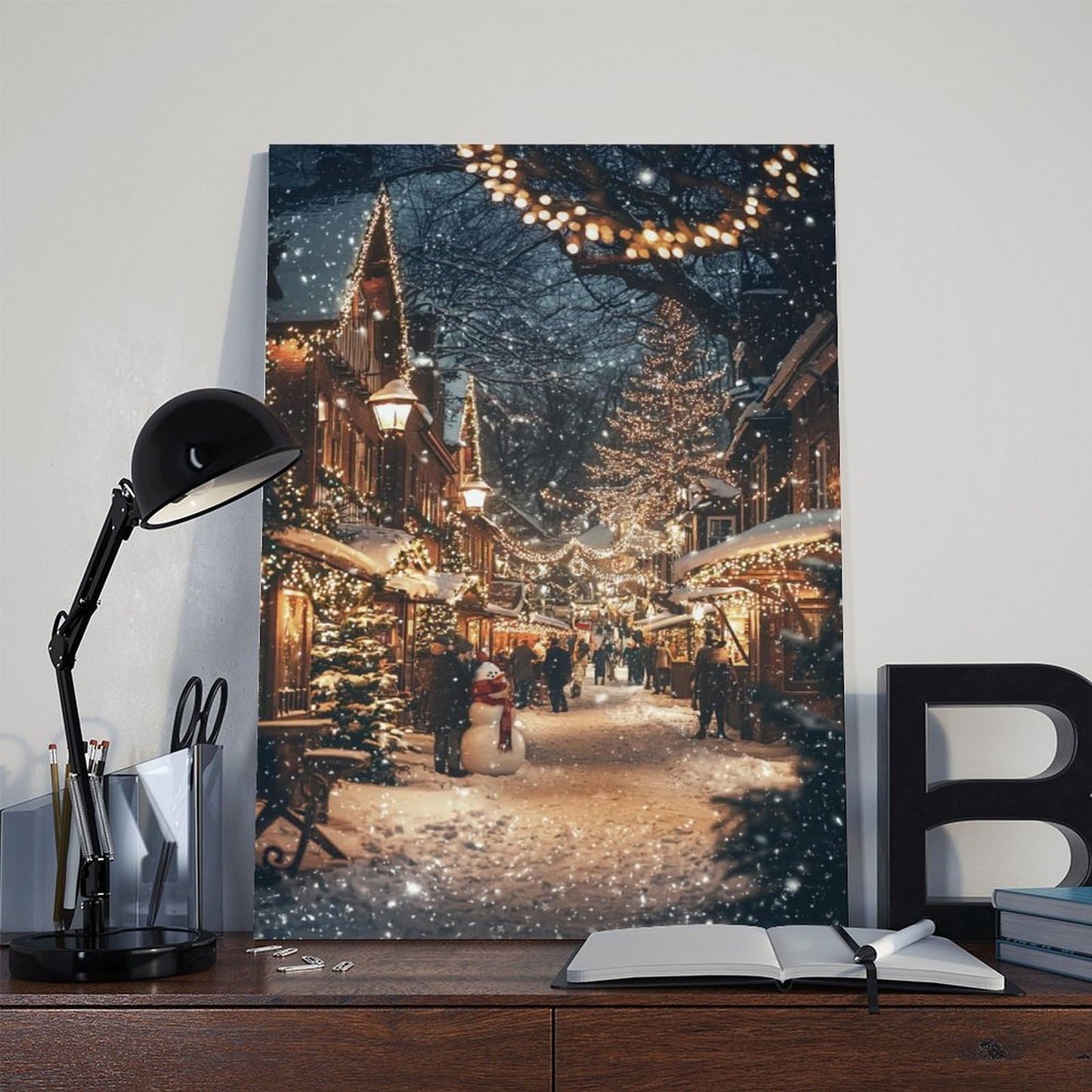 Festive Winter Town Wall Art – Snow Covered Village, Holiday Lights And People Poster Print for Teen Boys Room Wall Art Canvas Painting Print 12x18inch(30x45cm)