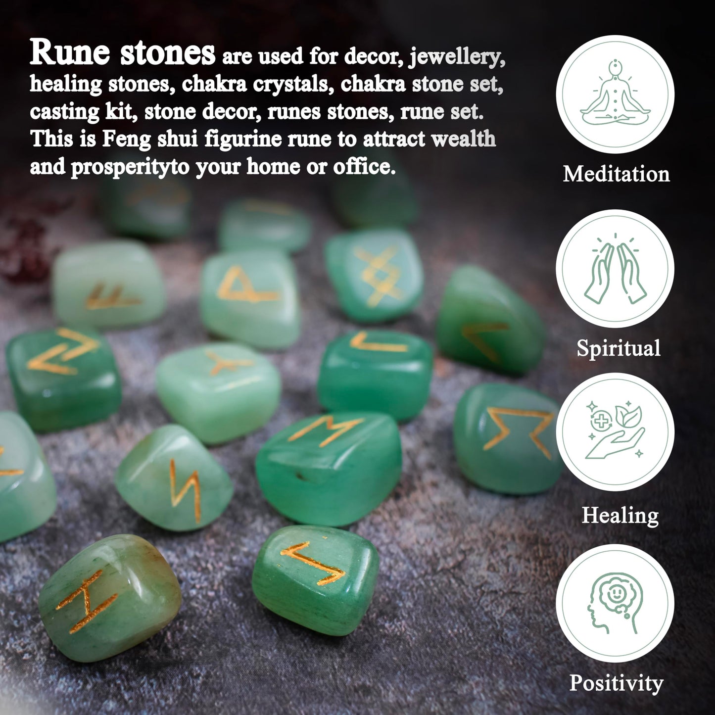 Crocon Green Aventurine Rune Stones Set Engraved with Elder futhark Crystal Runes Set, Reiki Healing runas for Meditation Chakra Balancing Rune Stone for Beginners with Crystal Guide & Pouch 15-20 mm