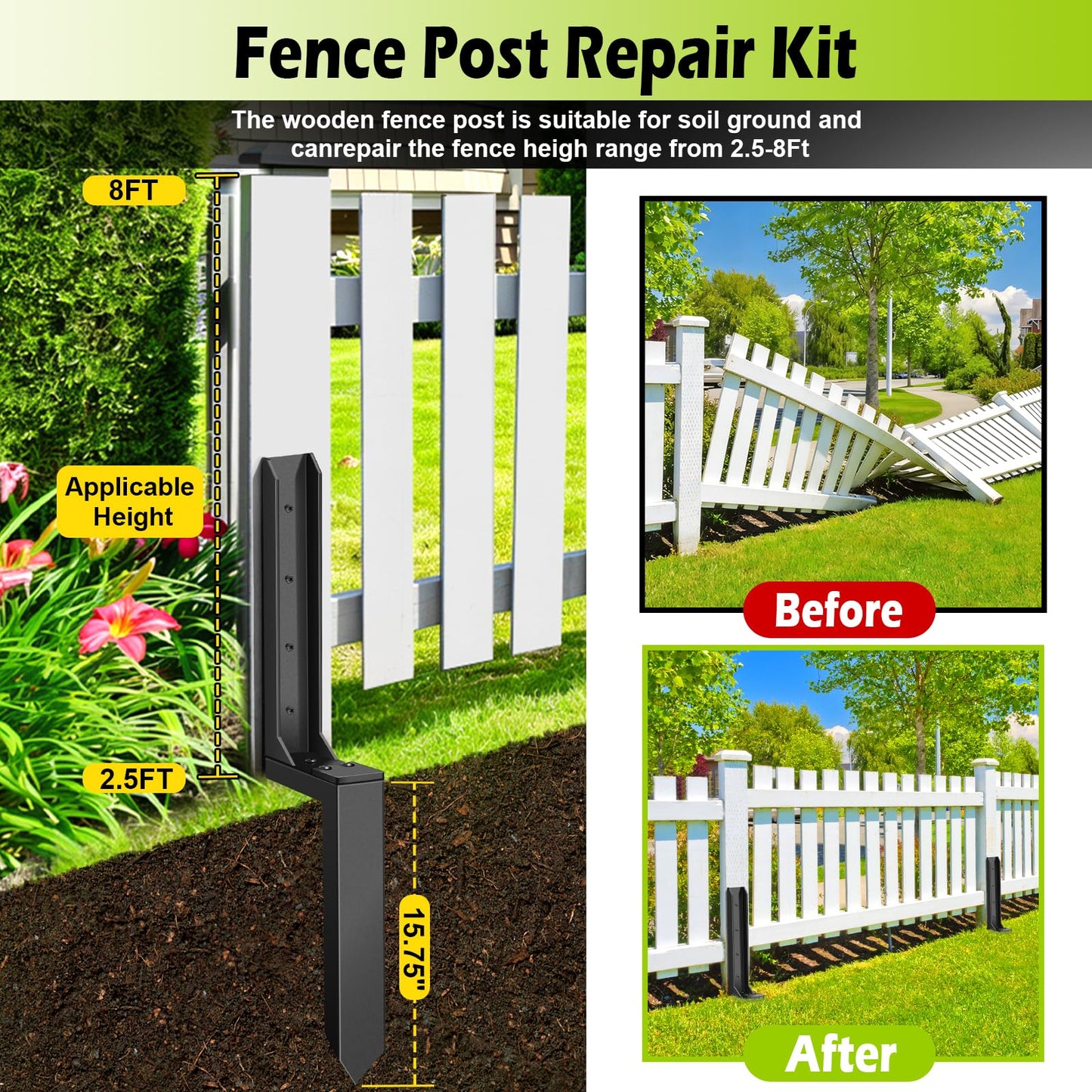 4 Pcs Fence Post Repair Kit, Heavy Duty Fence Post Anchor Ground Stakes for Repair Tilted, Broken Wood Support