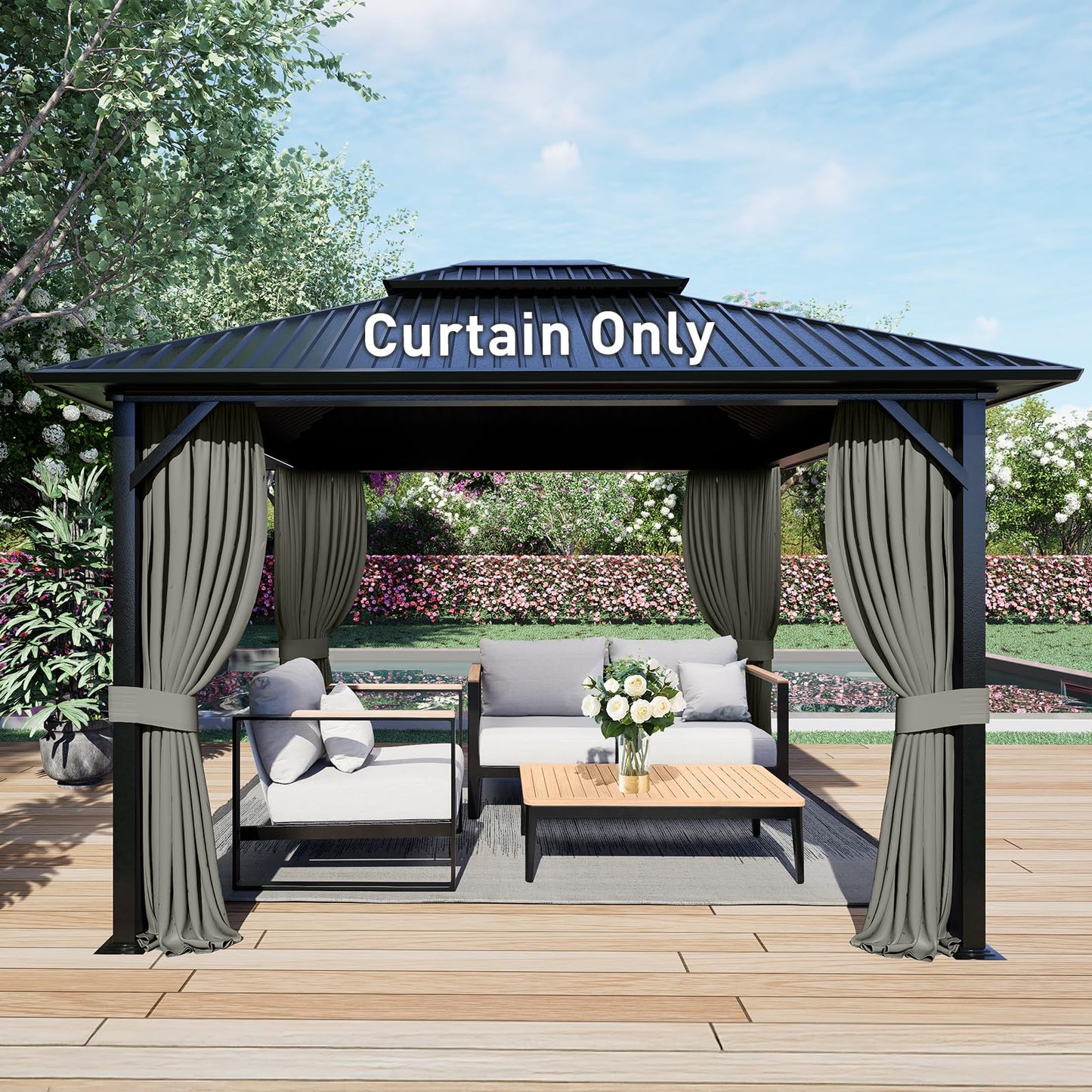 Aoodor 10x12 ft Outdoor Gazebo Curtains, 4 Panels Waterproof Privacy Sidewall Replacement with Zipper for Patio Pergola and Canopy, Gray