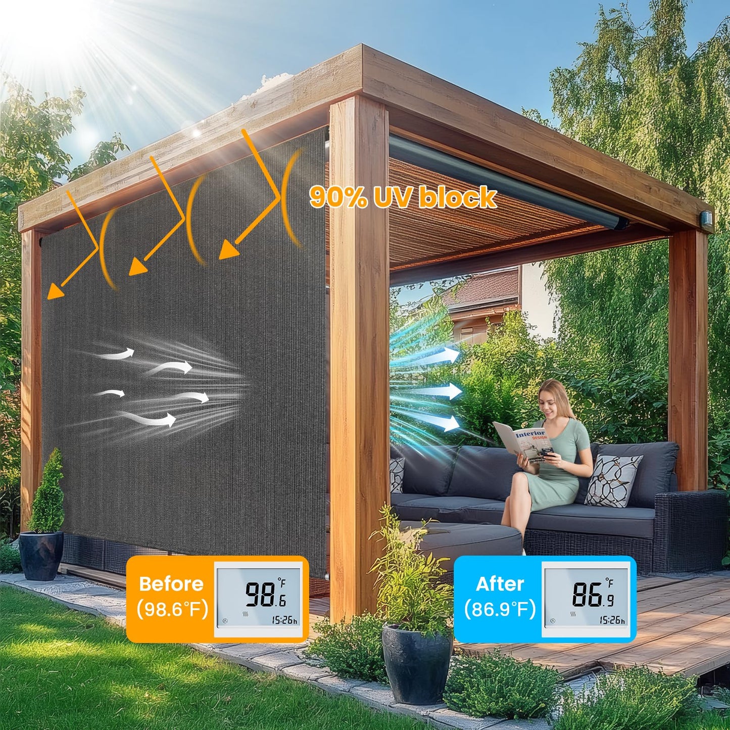 Breezombra 8'W x 8'H Gray Patio Shades Roll up Outdoor Roller Shade Crank Wand Blind Cordless, 90% UV Blocking & Privacy Protection for Porch|Gazebo|Pergola|Backyard (2 Splicing Tube, 1 Fabric)