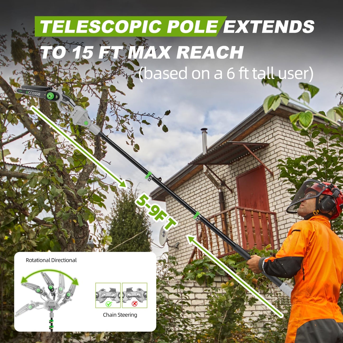 3-in-1 Electric Pole Saws for Tree Trimming 6&8" Mini Chainsaw Cordless with Extension Pole,850W Brushless Motor,Auto Oiling,Total Reach of Max 15ft,Pole Saw for Home & Garden & DIY-Gray