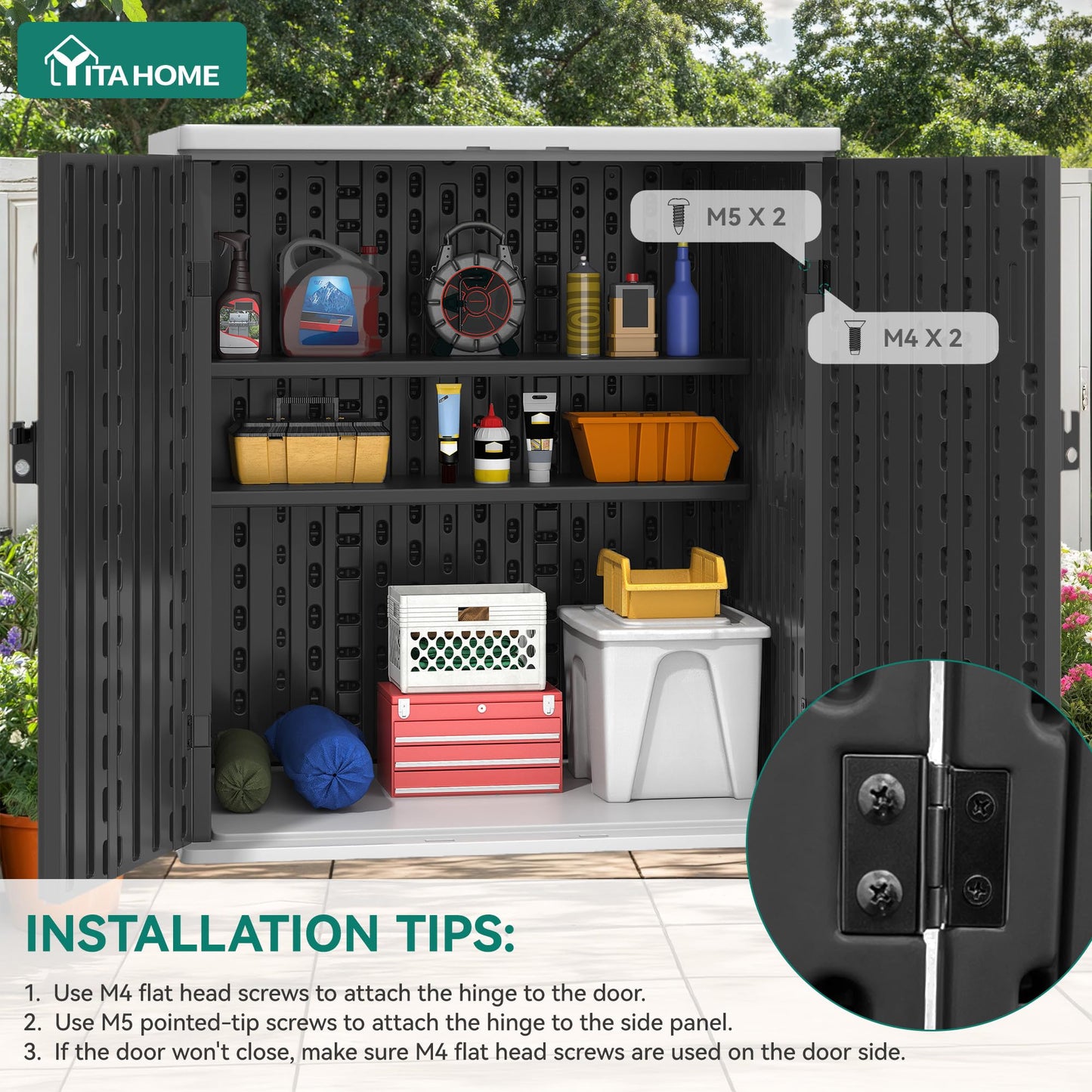 YITAHOME Outdoor Storage Cabinet with 2 Shelves, Waterproof Resin Horizontal Tool Shed, Lockable 15 cu. ft. Storage Shed for Patio, Garden, Yard, Dark Gray