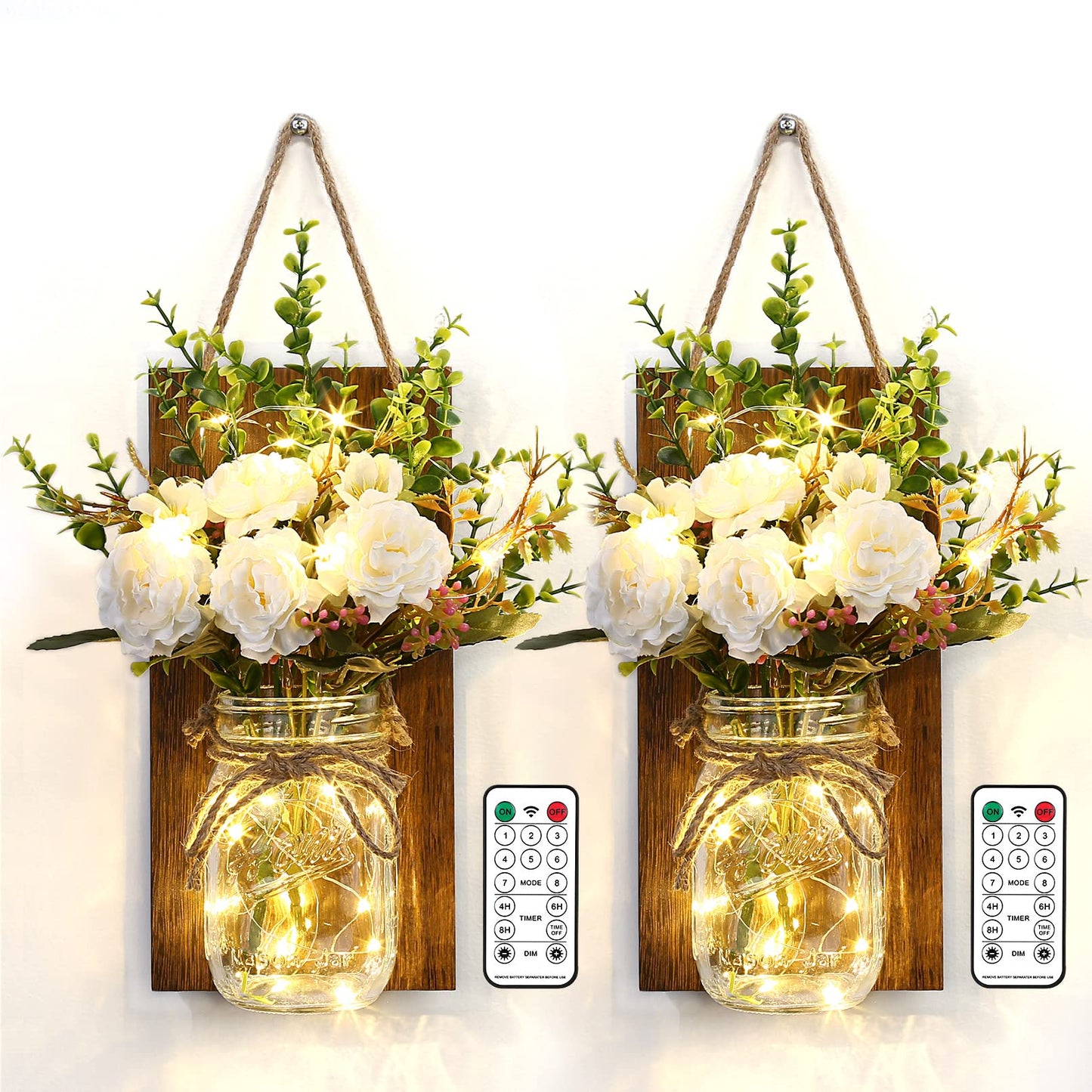 Lightess Wall Decor Mason Jar Sconces with Remote Control, Rustic Home Decor LED Fairy Lights with White Rose, Farmhouse Wall Decorations Lights Set of Two for Dining Room Living Room