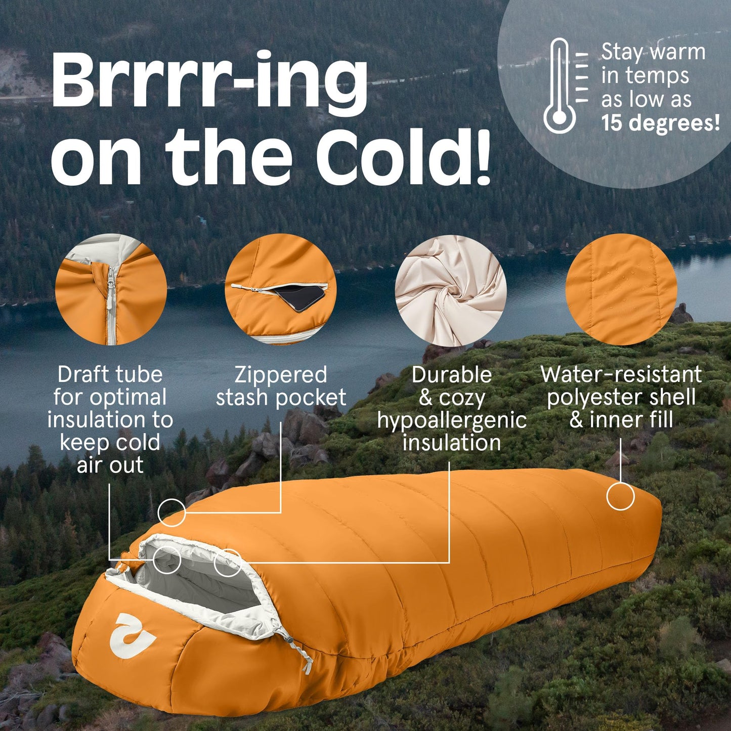 Retrospec Dream 15 Mummy Sleeping Bag for Camping - Insulated Cold Weather, Lightweight, Water-Resistant With Adjustable Draw Cords and Stuff Sack