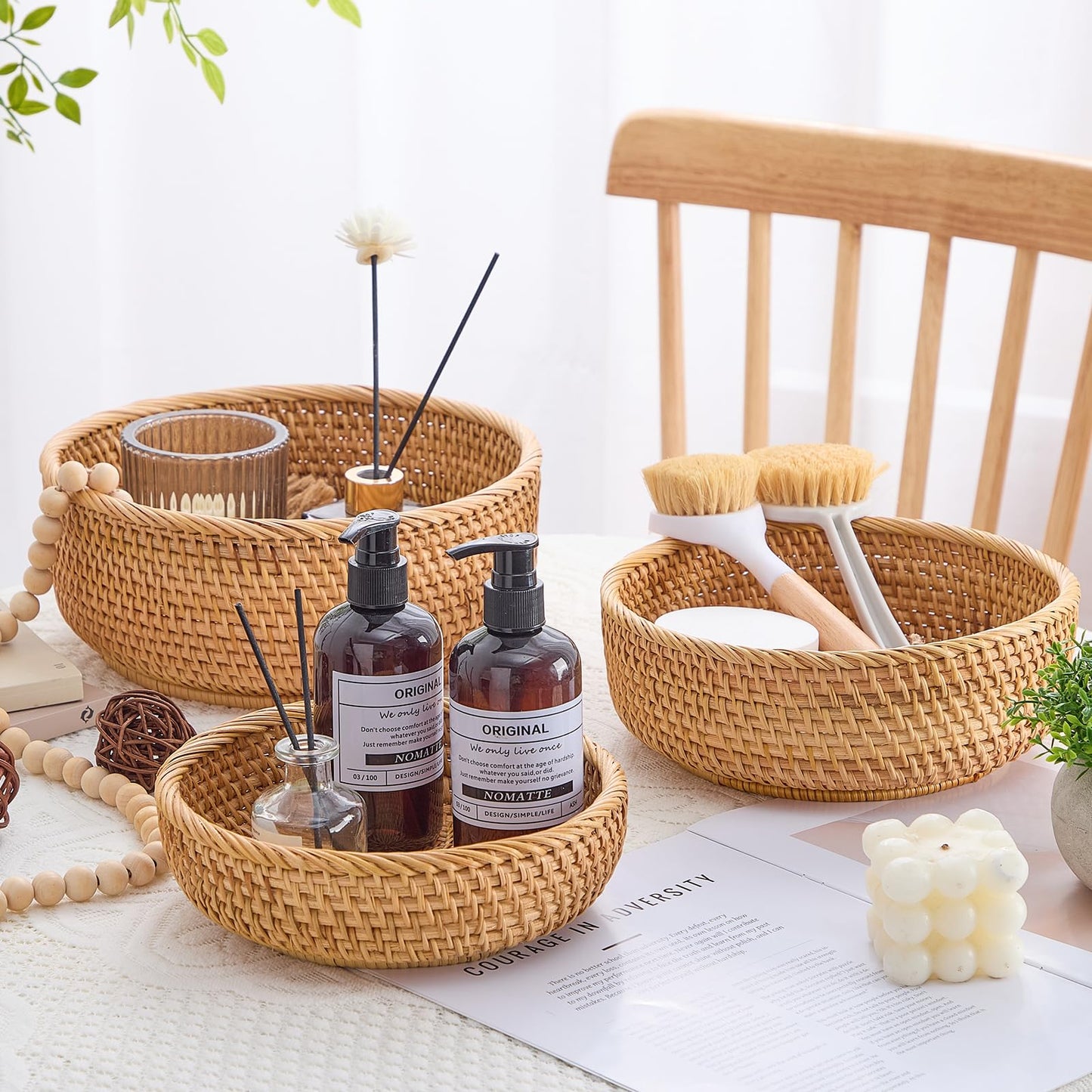 Hand-Woven Stackable Rattan Basket, Set of 3, Fruit Bread Serving Bowls, for Farmhouse Kitchen Storage & Decor