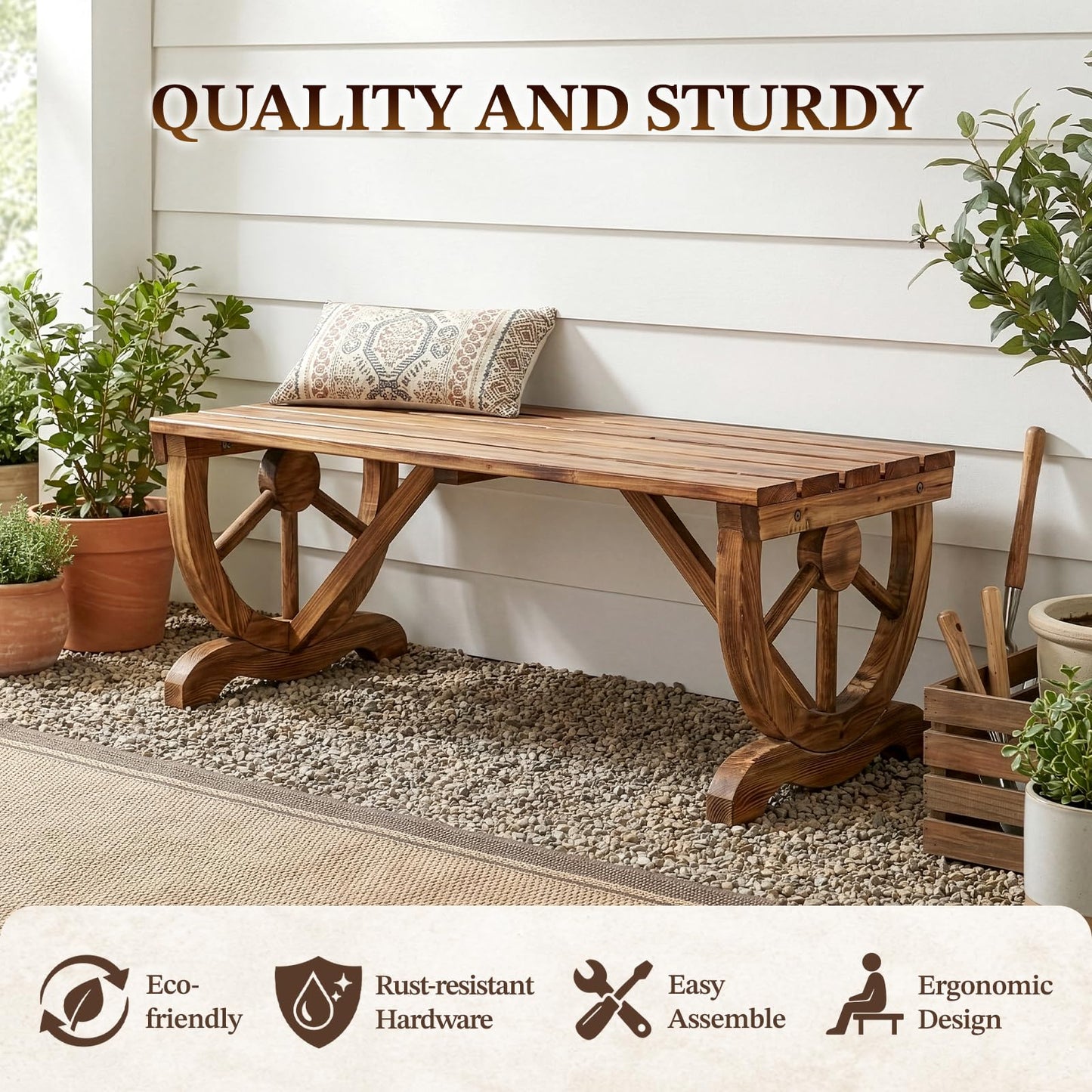 Outvita 39'' Outdoor Wooden Bench, 2-Person Rustic Wagon Wheel Bench with Slatted Seat and Carbonized Fir Wood Construction, Weather-Resistant Garden Bench for Patio, Porch and Backyard(Light Brown)