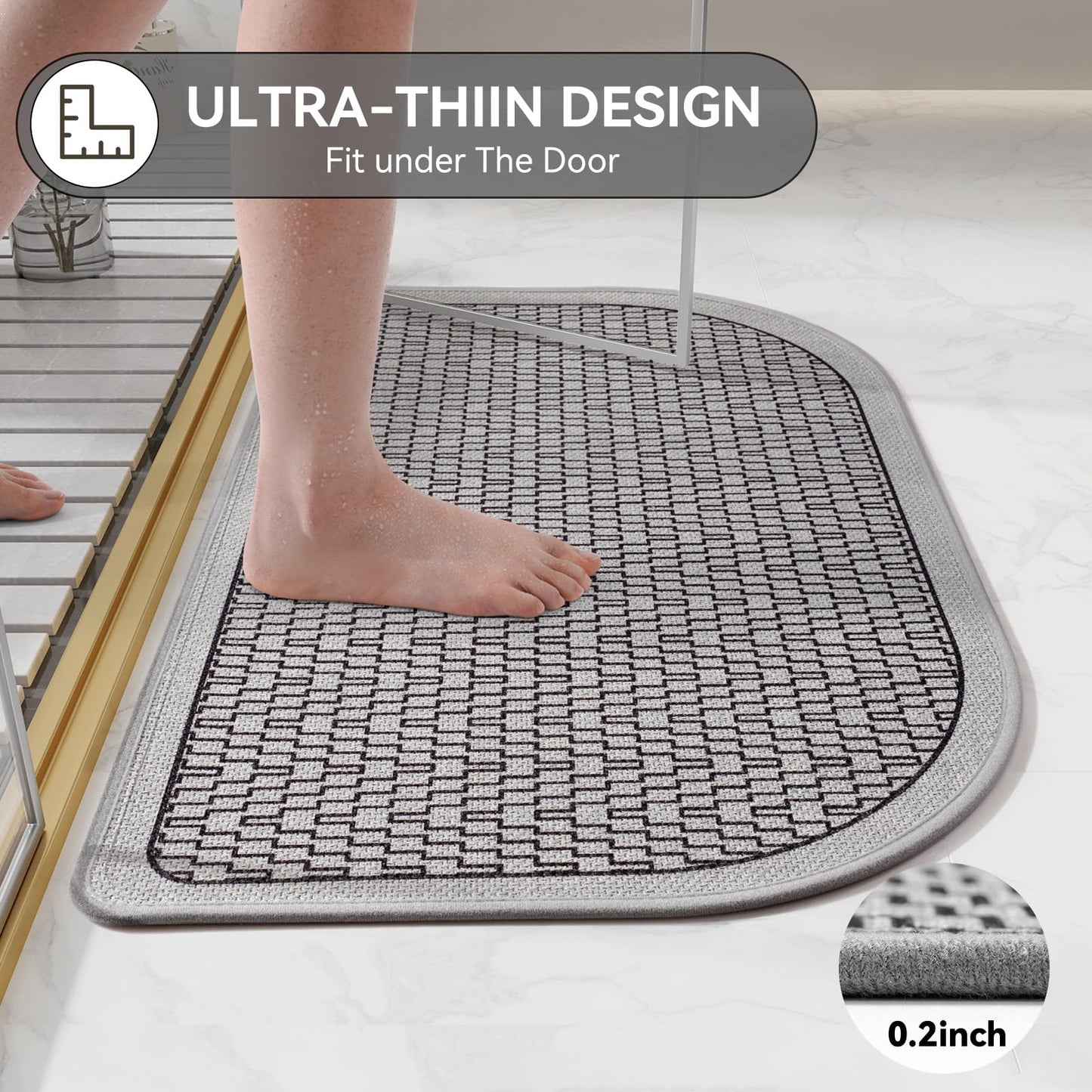 YDKGL Ultra Thin Bathroom Rugs Mat Quick Dry Absorbent Non Slip Bath Mat Bath Mats for Bathtub Mat Bathroom Carpet Fit Under Door Washable Floor Rubber Half Round Bath Rugs Grey 16x24