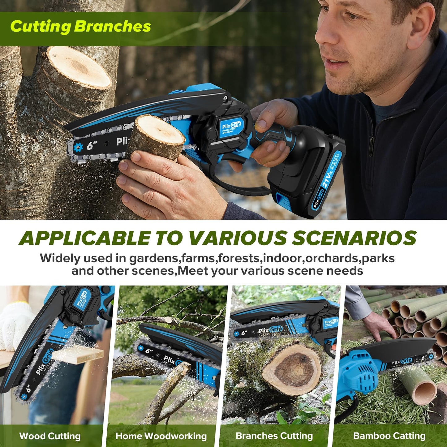 Mini Chainsaw, 6 Inch Mini Chainsaw cordless,21V with 2 Battery Powered Portable Handheld Small Chain Saw Use for Wood Cutting, Tree Trimming Handheld Saw, Home and Garden Tool (Bluce)