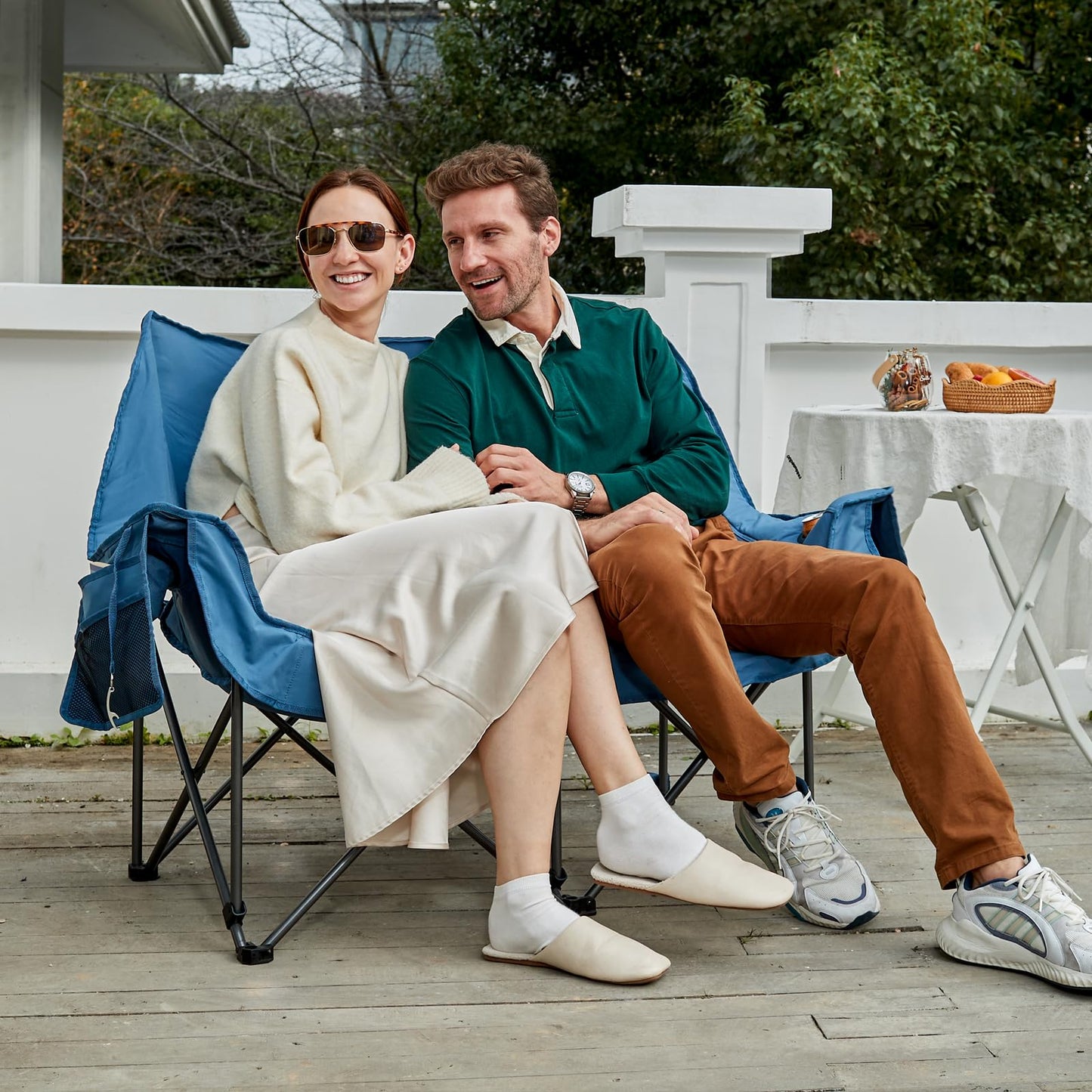 PORTAL Double Camping Chair, 2 Person Folding Loveseat for Adults, Padded Cushion Camp Lawn Love Seat with Side Pocket Portable Couch, Two Person Heavy Duty Wide Chairs with Cup Holder, 600 lbs