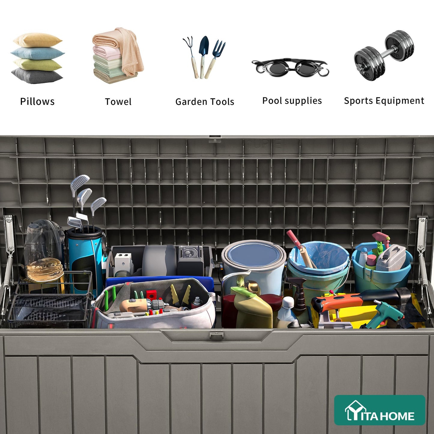 YITAHOME 80 Gallon Resin Deck Box, Waterproof Outdoor Storage Box, Lockable Indoor Outdoor Storage Bench for Supplies and Essentials, Taupe