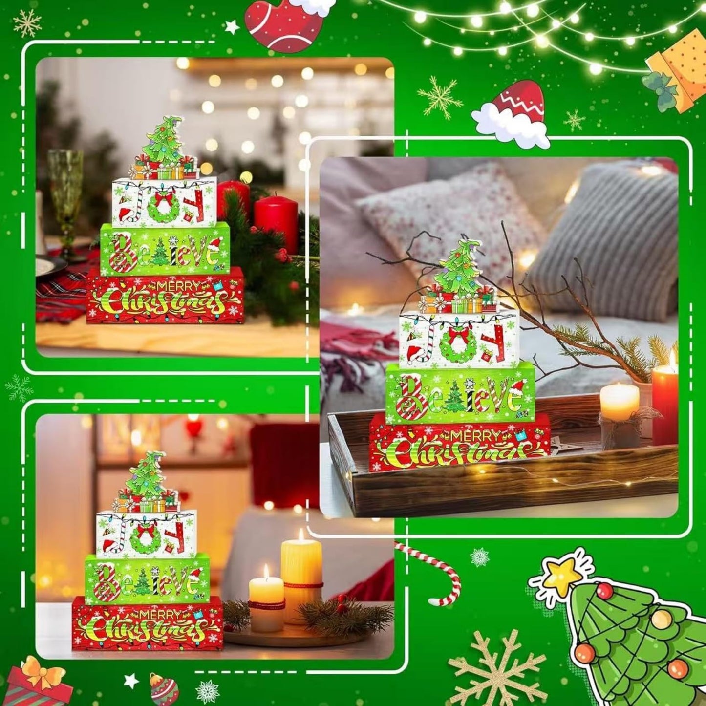 4 Pcs Christmas Wooden Tabletop Decor Winter Christmas Tree Gift Tiered Tray Decorations,Winter Table Centerpieces, Red and Green Centerpiece Rustic Block Signs,Furniture Kitchen Decor Gifts