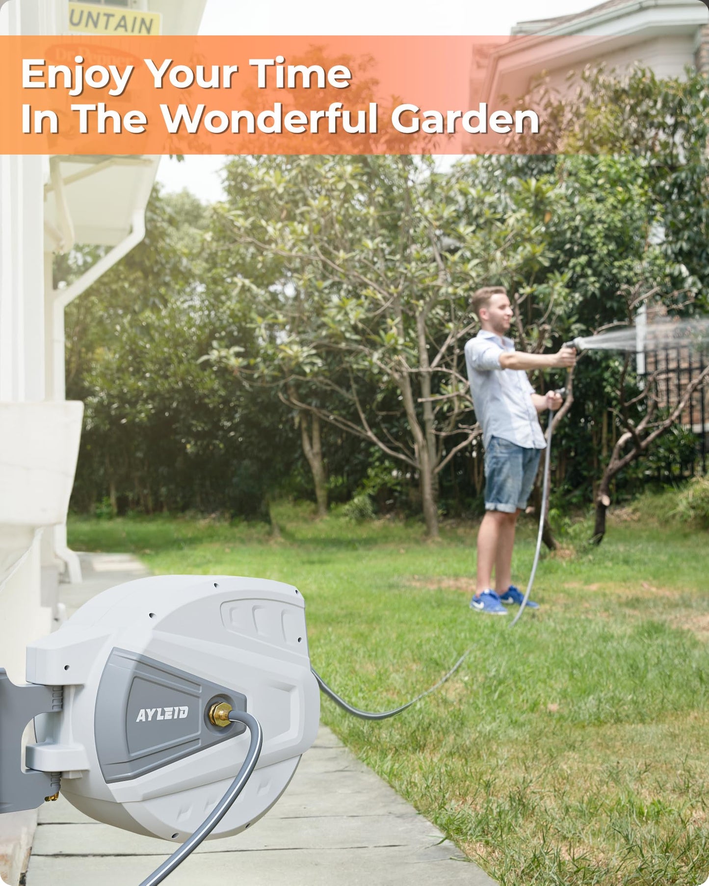 Ayleid Retractable Garden Hose Reel,1/2 in x 130 ft Wall Mounted Hose Reel, with 9- Function Sprayer Nozzle, Any Length Lock/Slow Return System/Wall Mounted/180°Swivel Bracket (Gray)