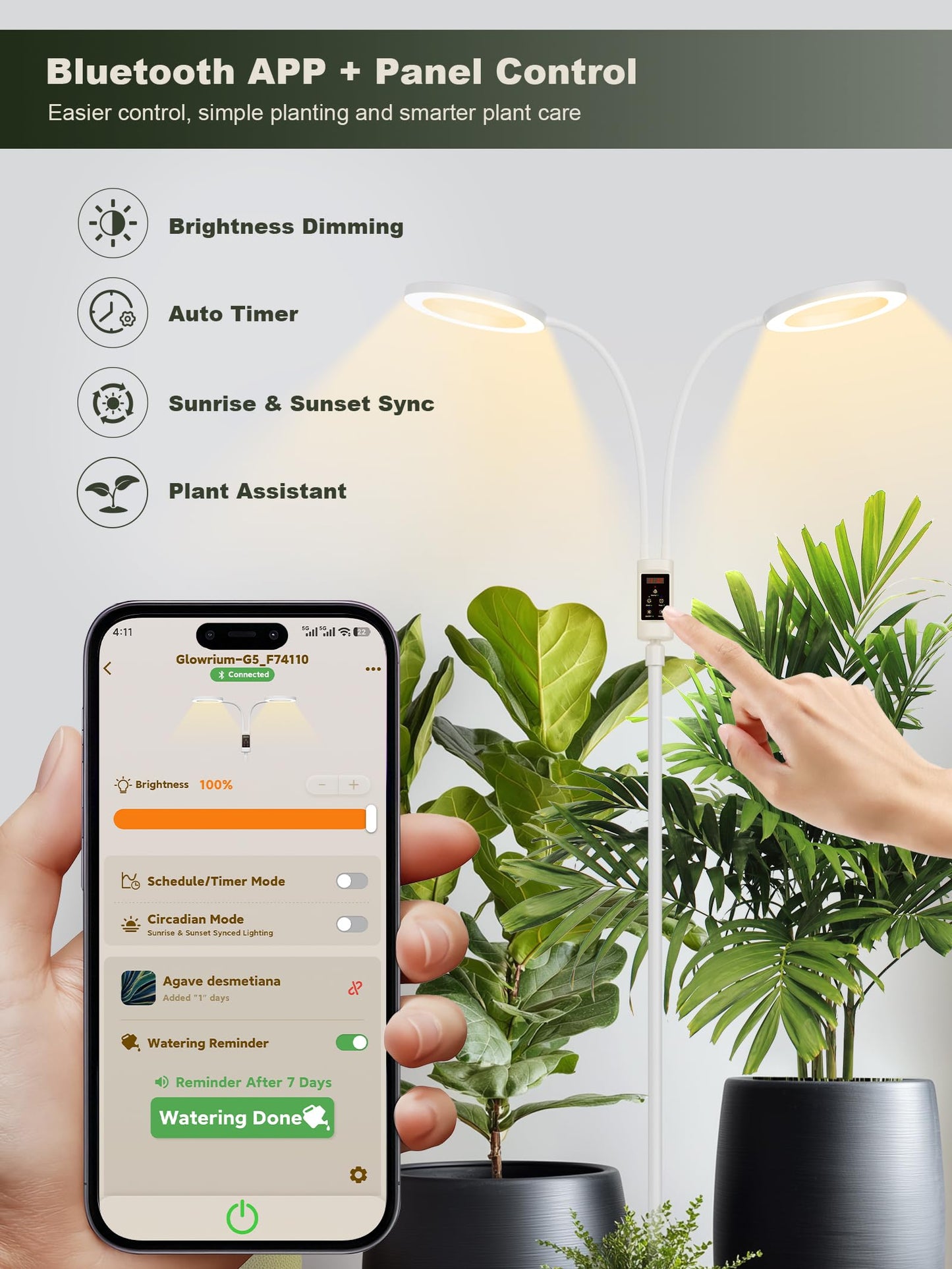 GLOWRIUM Smart Grow Lights for Indoor Plants, 48W Full Spectrum Plant Lights with Bluetooth App, Adjustable Height 47-70.9", Auto Timer, Indoor Plant Lamp for Large Tall Plants（White 48W）