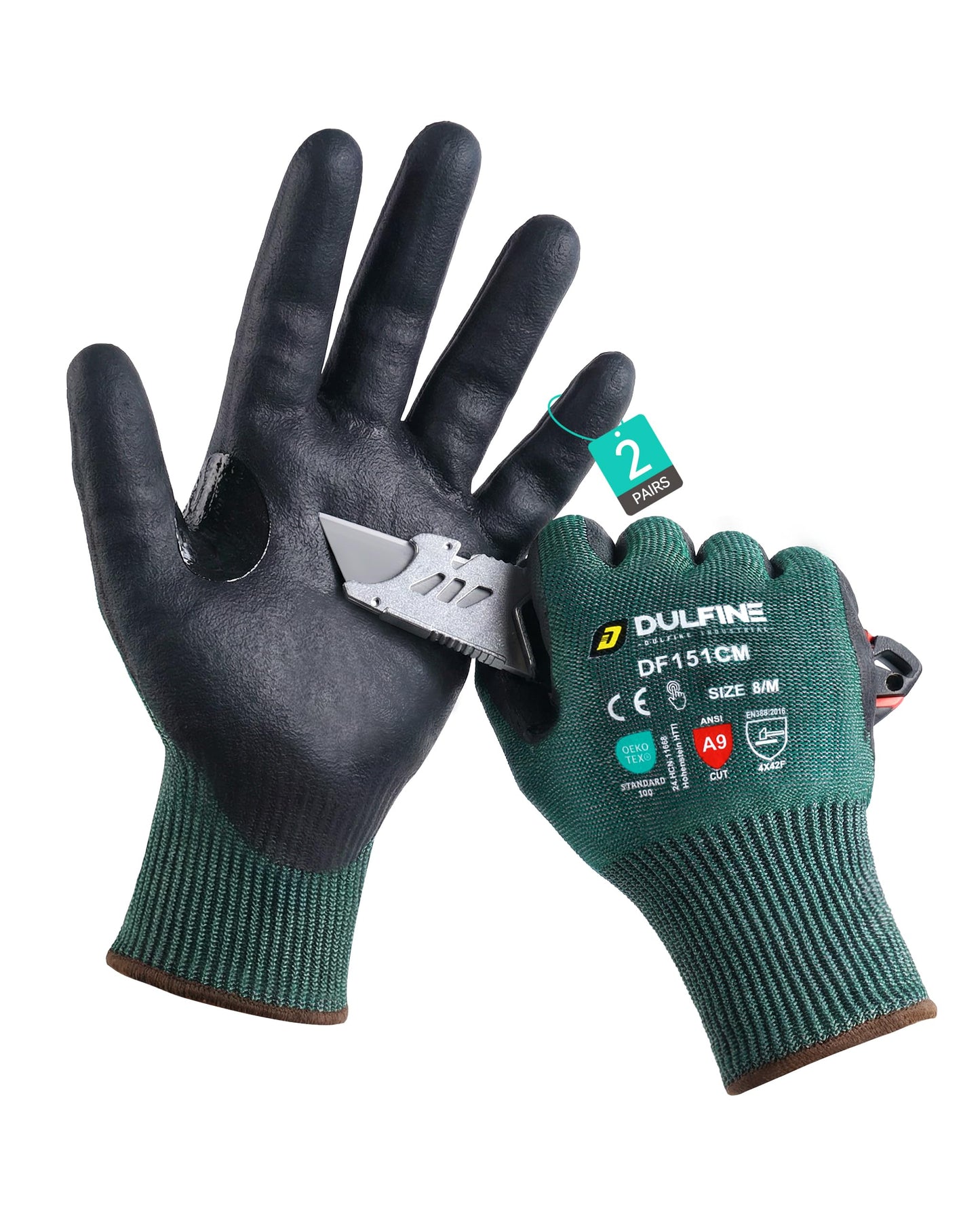 DULFINE A9 Cut Resistant Work Gloves for Men Women, 2 Pairs Pack, Ideal for Metalwork, Fabrication and Industrial Use, Green(Large)