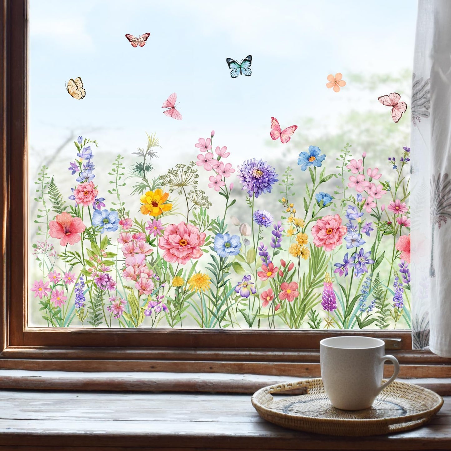 Supzone Colorful Wildflower Static Window Clings Double Sided Spring Summer Flower Butterflies Window Decals Anti-Collision Glass Door Mirror Decals