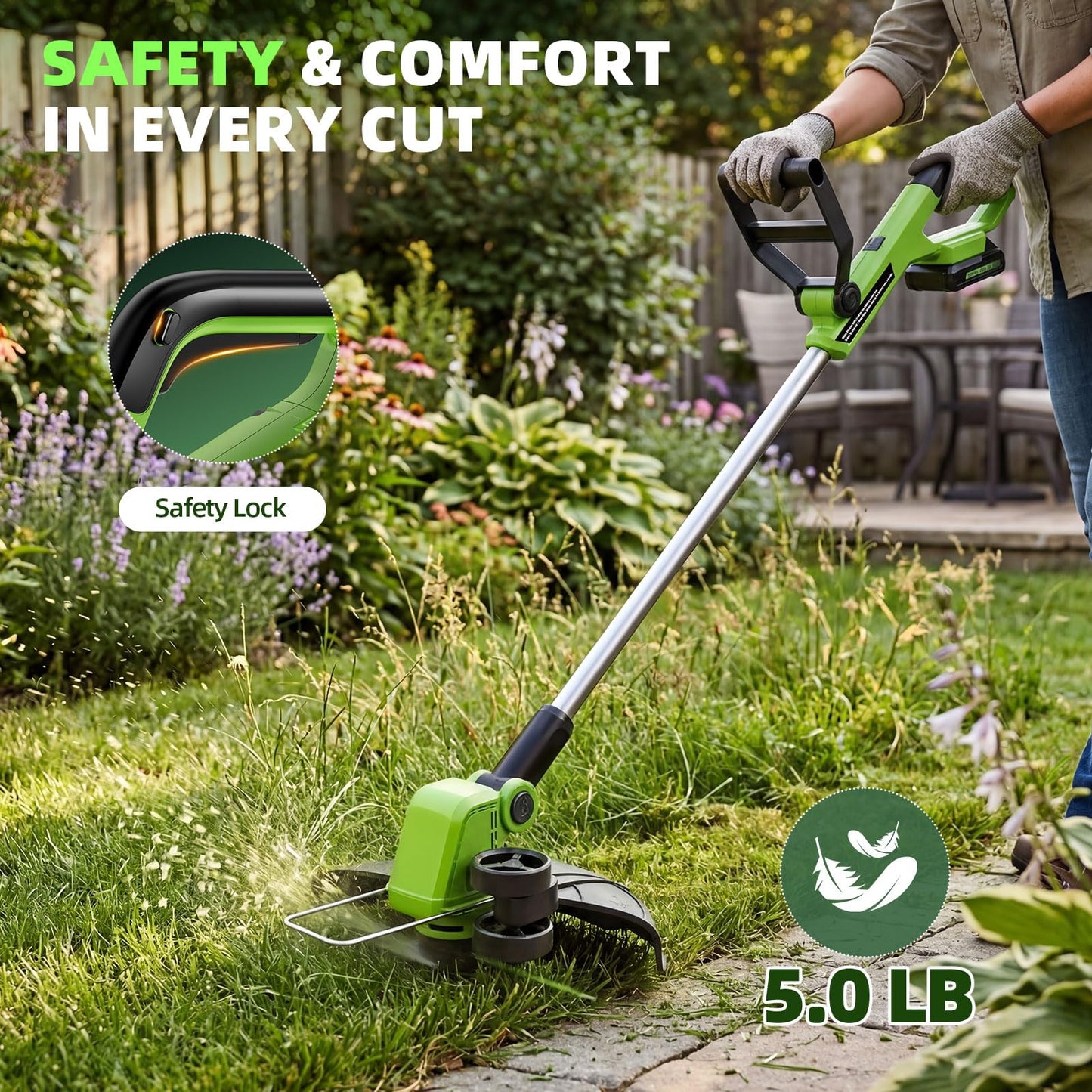 21V Weed Wacker Cordless & Lawn Edger, 9000RPM Electric Weed Eater with 2x2.0Ah Battery, 12" Auto Line Feed String Trimmer with 8 Pcs Spools, Lightweight Edger Lawn Tool for Yard, Green