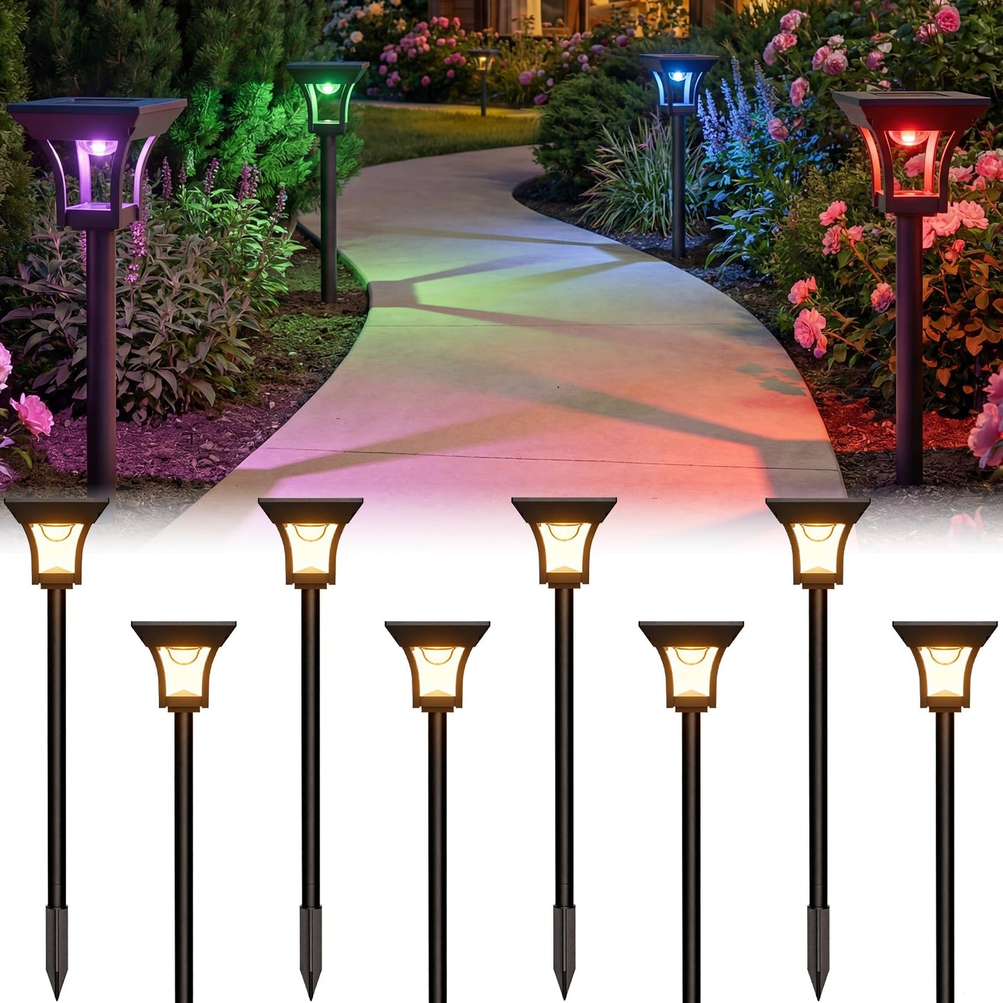 CINOTON 8 Pack RGBCW Solar Pathway Outdoor Lights, 3 Lighting Modes Solar LED Garden Lights, IP65 Waterproof Outside Solar Powered Landscape Lighting for Sidewalk Driveway Backyard RGB/Warm/Cold White
