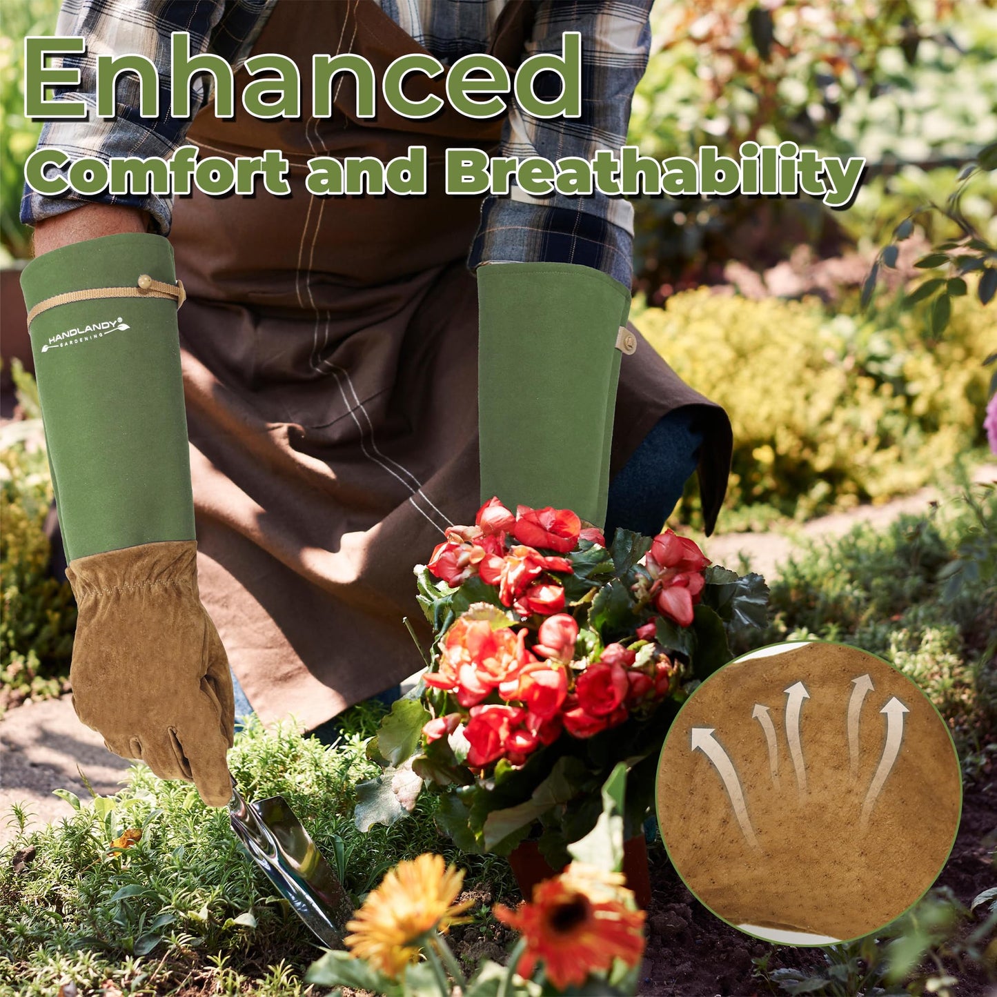 HANDLANDY Long Gardening Gloves for Men & Women, Pigskin Leather Rose Pruning Gloves, Breathable Thorn Proof Gauntlet Glove (Moss Green, M)
