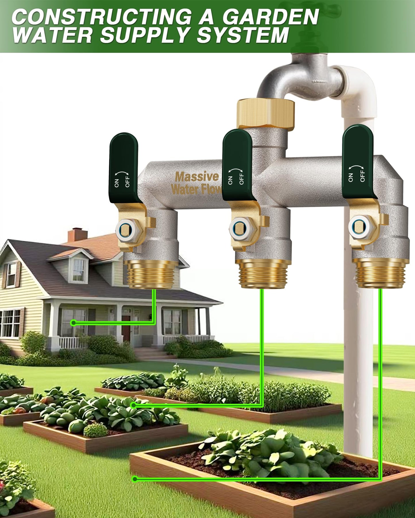 Garden Hose Splitter 3 Way Heavy Duty Brass Nickel Plated Hose Splitter with Large Handle, Full Flow Water Hose Spigot Splitter with Shutoff Valve, T Adapter Connector, 3/4 - Inch GHT Thread（Green）