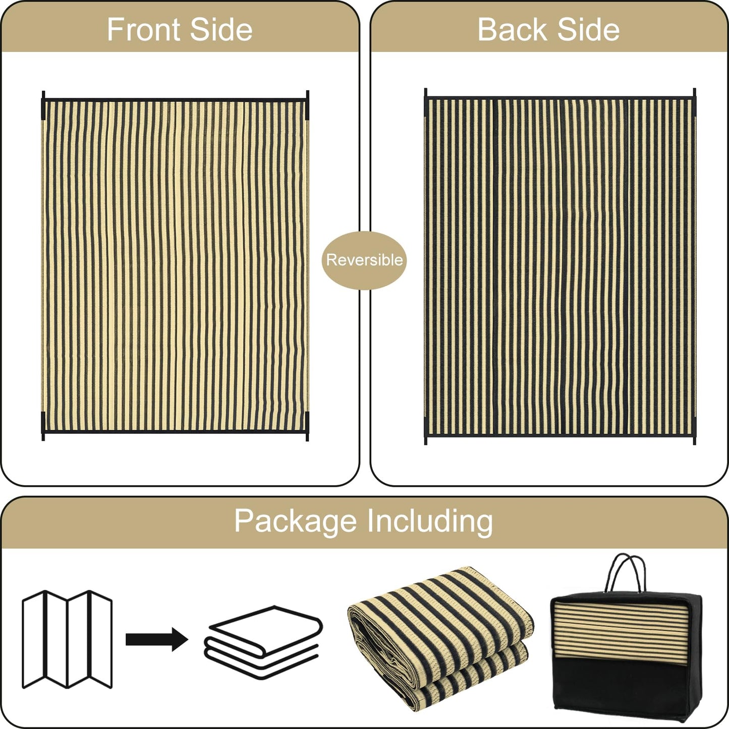 LEEVAN Waterproof Outdoor Rug 8x10 Black and Brown Patio Rug Clearance Large Plastic Straw Backyard Area Rug Striped Camping Outside Mat for Picnic, RV, Deck, Bench, Balcony