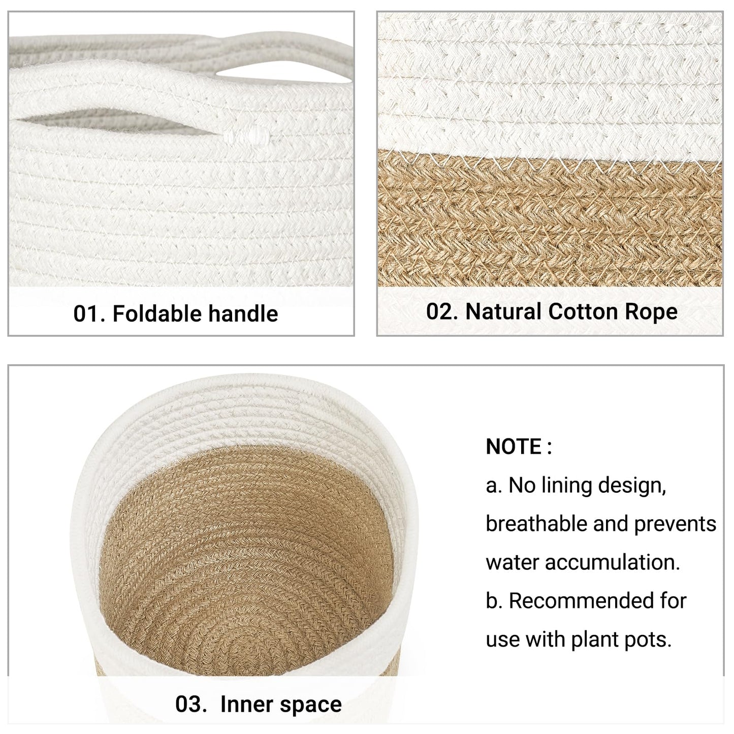 Dahey Jute Spliced Cotton Rope Plant Basket Modern Woven Storage Basket for 12" Floor Indoor Planter, Decorative Flower Pots Cover Laundry Bin with Handle Rustic Home Decor, White and Beige