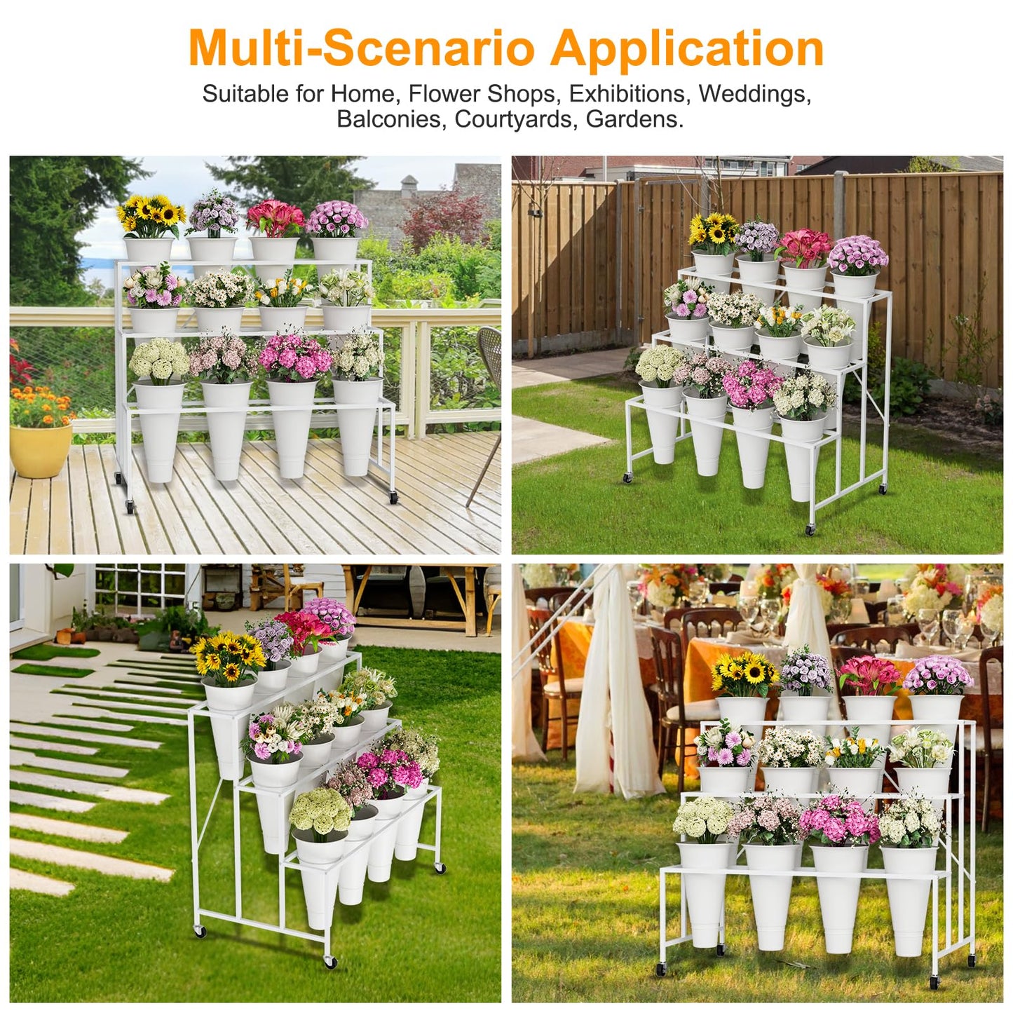 NEYCIL Flower Stand, 3-Tier Flower Display Stand with Buckets for Indoor Outdoor, Flower Cart Display Stand with Wheels for Courtyard, Balcony, Flower Shop, Wedding, Party, Exhibition (White)