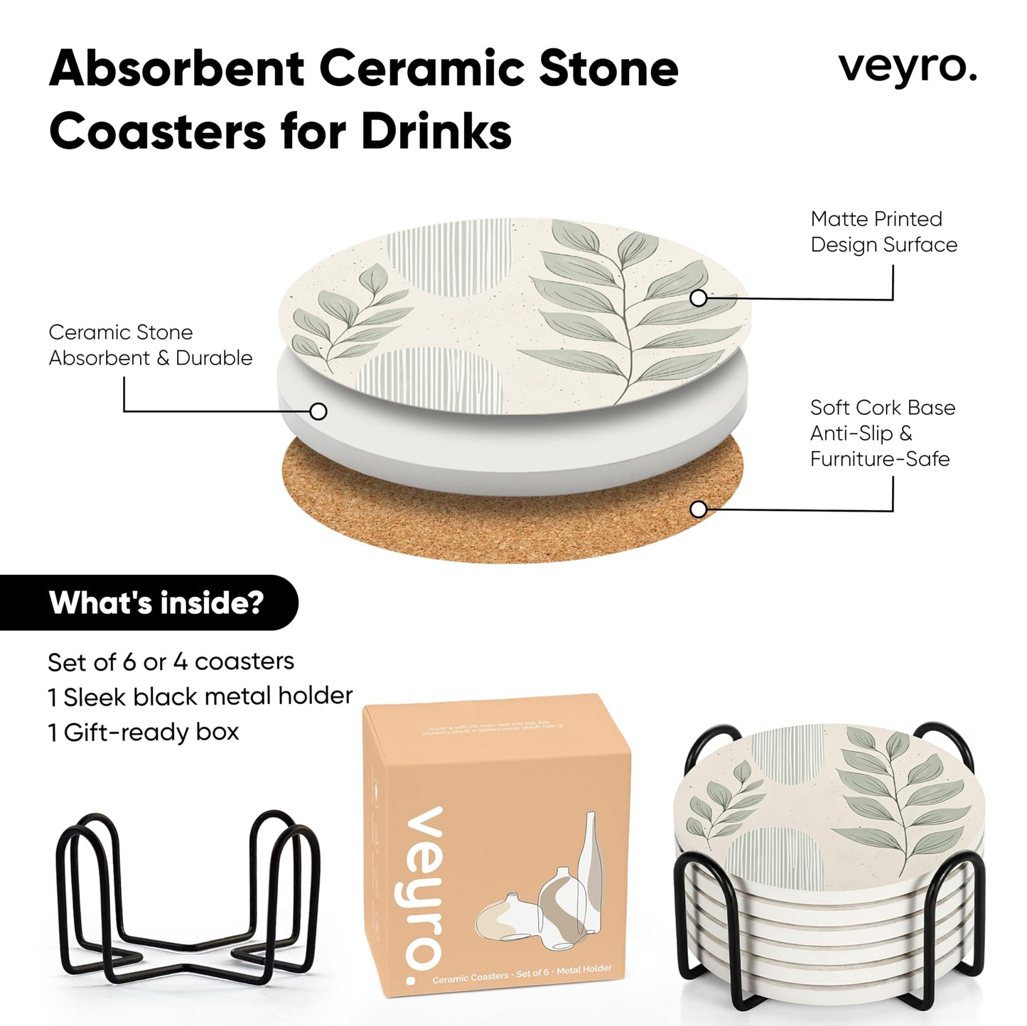 VEYRO Ceramic Coasters Set of 4 – Absorbent Stone Drink Coasters with Holder, Non-Slip Cork Backing, Modern Marble Look Coasters for Coffee Table, Desk & Home Decor