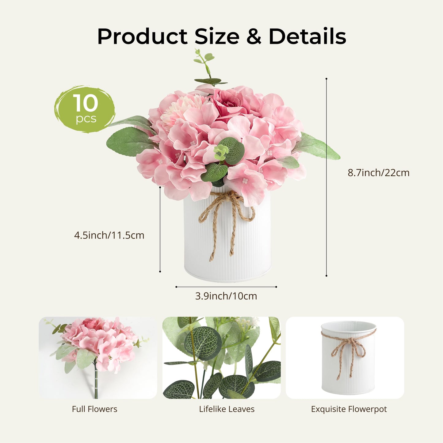 Auihiay 10PCS Flower Table Centerpieces, Hydrangea Artificial Flowers with Vase, Faux Silk Hydrangea Flowers Arrangement for Spring Wedding Table Centerpiece Floral Vase Home Office Decor (Pink)