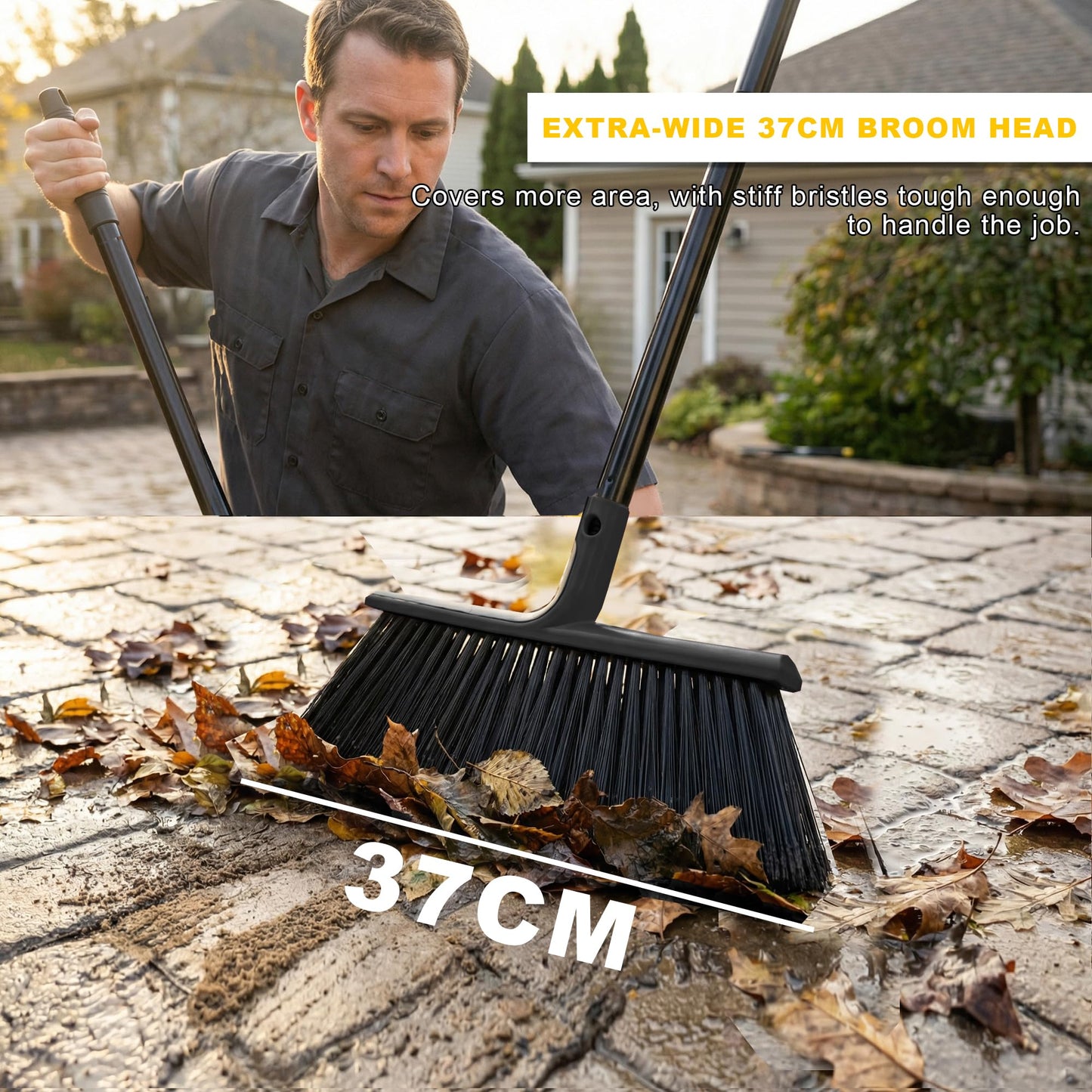 BSMstone Large Angle Brooms Indoor Outdoor Broom with Long Handle Stiff Bristle Sweeper for Kitchen Garage Deck Courtyard Lobby Patio Lawn Leaves (Black)