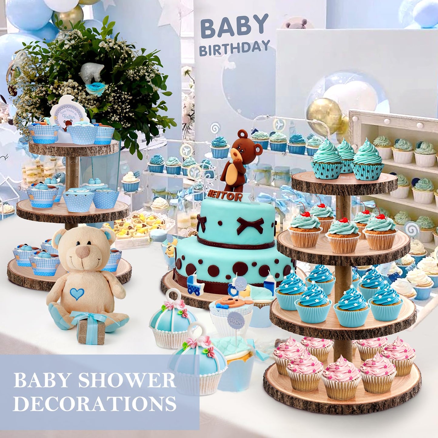 GrnVibe Cupcake Stand Wood Dessert Stands 4 Tier Cupcake Tower Large Cupcake Display Stand Rustic Cupcake Tier Stand for Woodland Baby Shower Decorations/Wedding/Birthday/Party/Farmhouse Decor