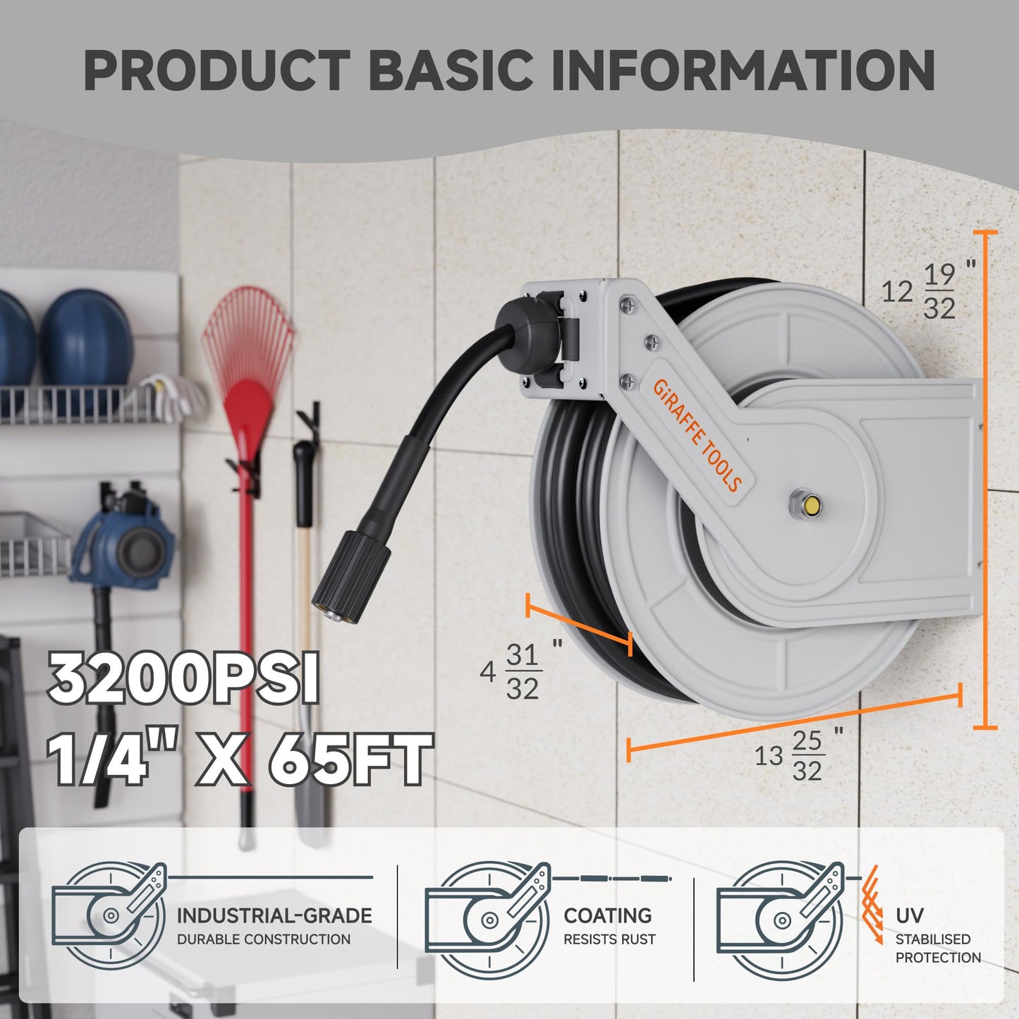 Giraffe Tools Pressure Washer Hose Reel 65ft, 3200 PSI Power Washer Hose Reel, Pressure Washer Retractable Hose Reel, Heavy Duty, Wall/Floor Mounted, Silver