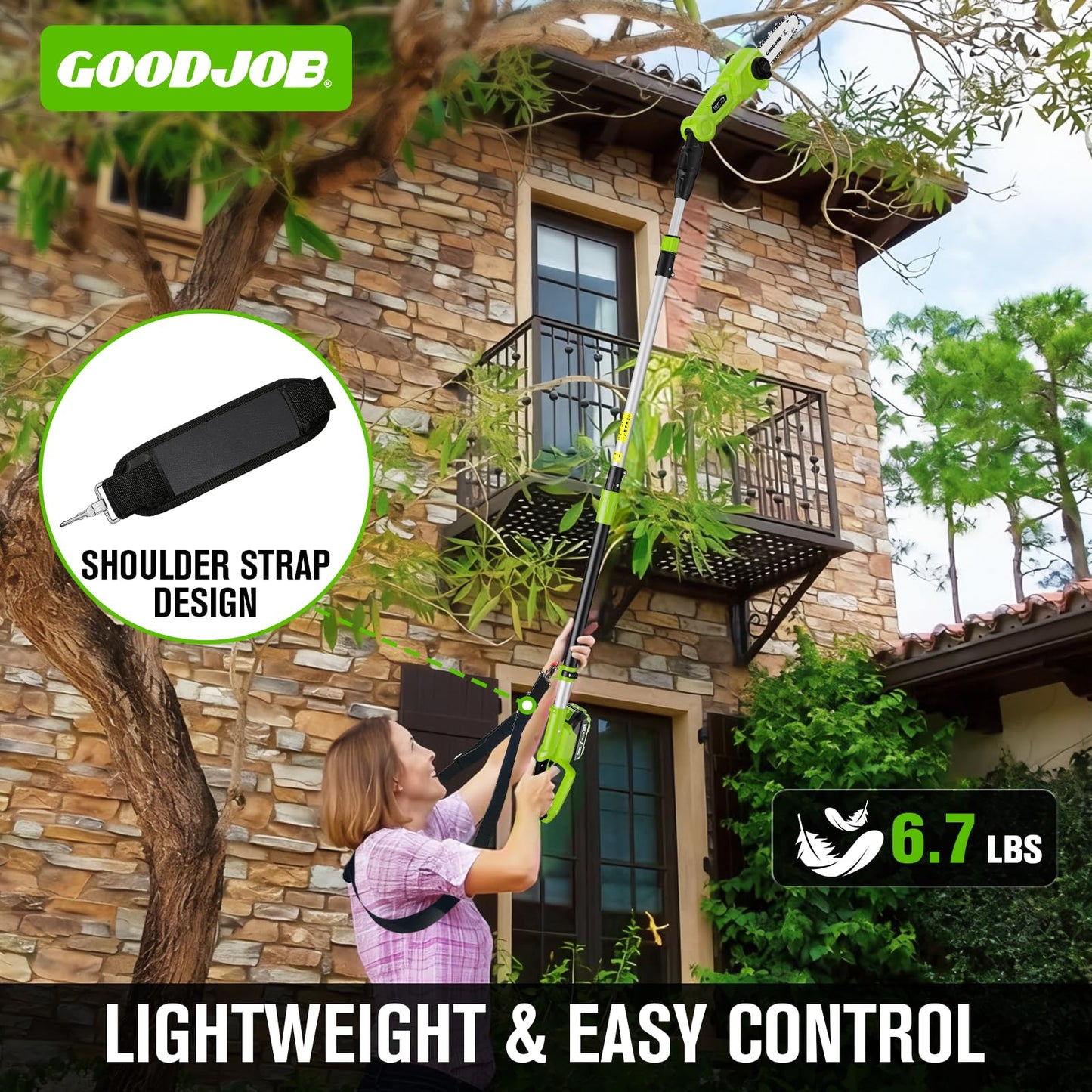 Electric Pole Saw for Tree Trimming, 20V 8-Inch Cordless Pole Chainsaw with Low Kick-Back Bar, Extends to 14.2 Ft, Auto Oiling, 2 Batteries & Fast Charger for High Branches, Orchard & Garden Use