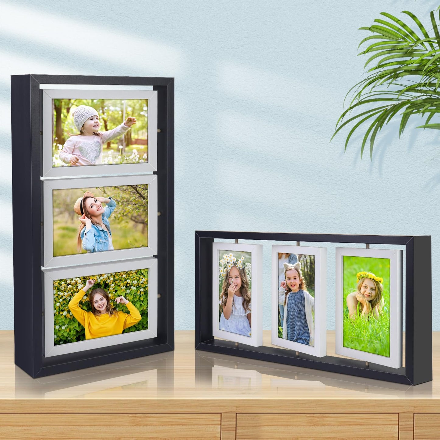 ZEEYUAN 4x6 Desk Picture Frame Rotating Double-Sided Picture Frame, 4x6 Tabletop Wooden Collage Family Pictures Frame for Office Desktop Home Decor, Holds 6 Photos, Black