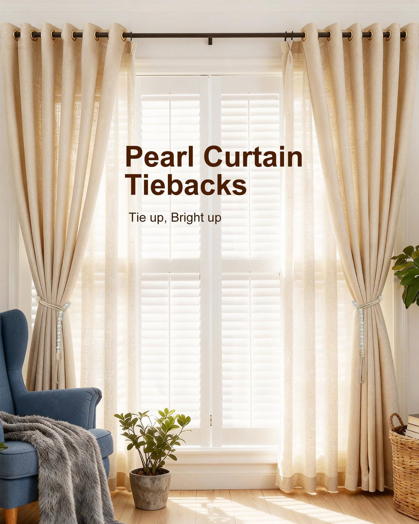 HOUOGROEM 1 Pack Curtain Tiebacks - Pearl Bead Curtain Holdbacks Wall Mounted with Hooks Tie Backs for Bedroom Decor Home Outdoor Office Beige